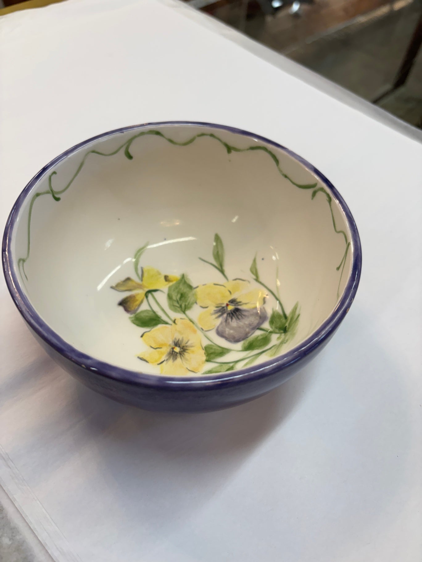 Vintage Hand-Painted Floral Pottery Bowl – Yellow Pansy Design Blue Rim Decorative Serving Bowl