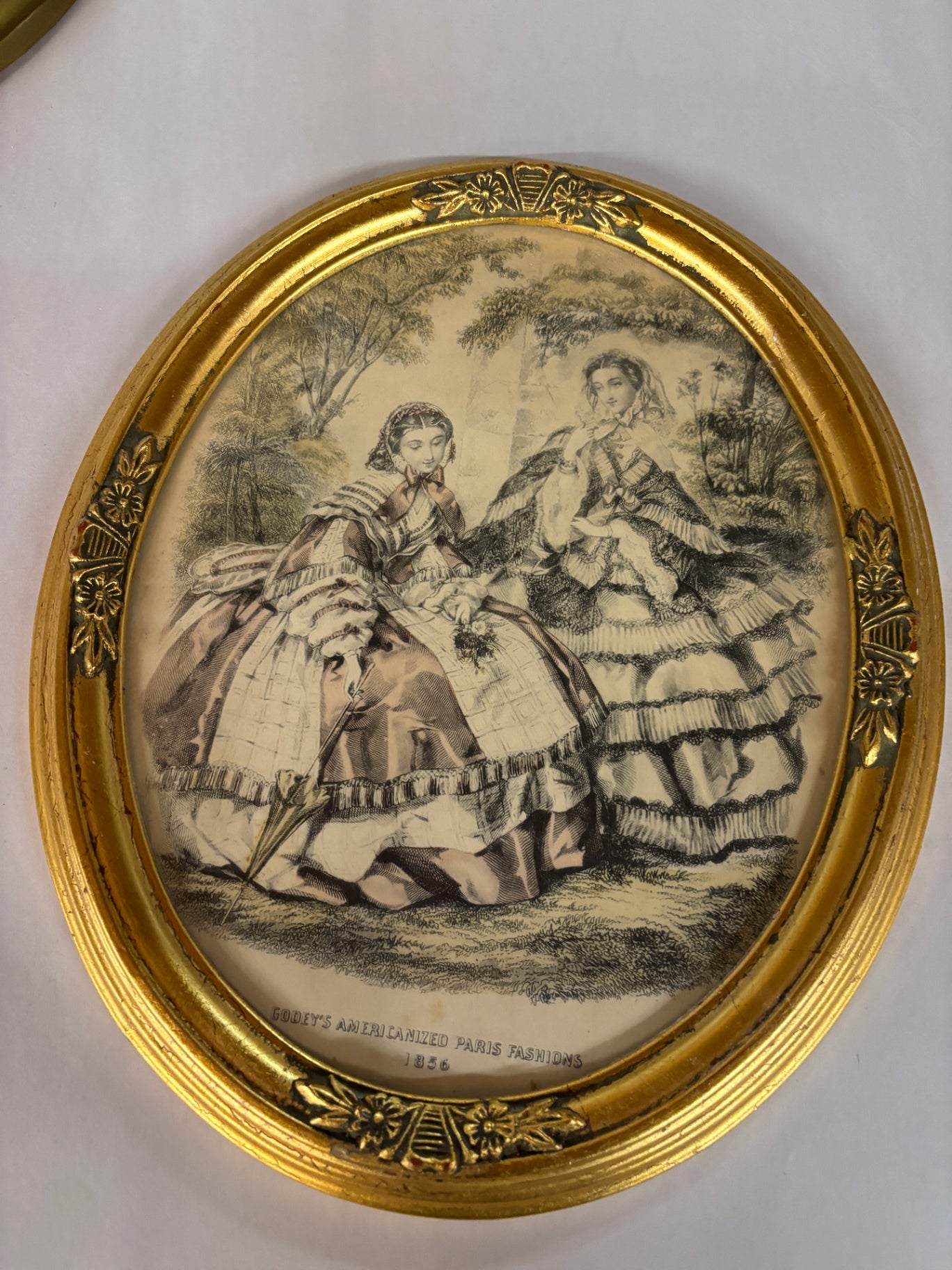 Antique 1860 Godey’s Americanized Paris Fashions Print in Oval Gilt Frame