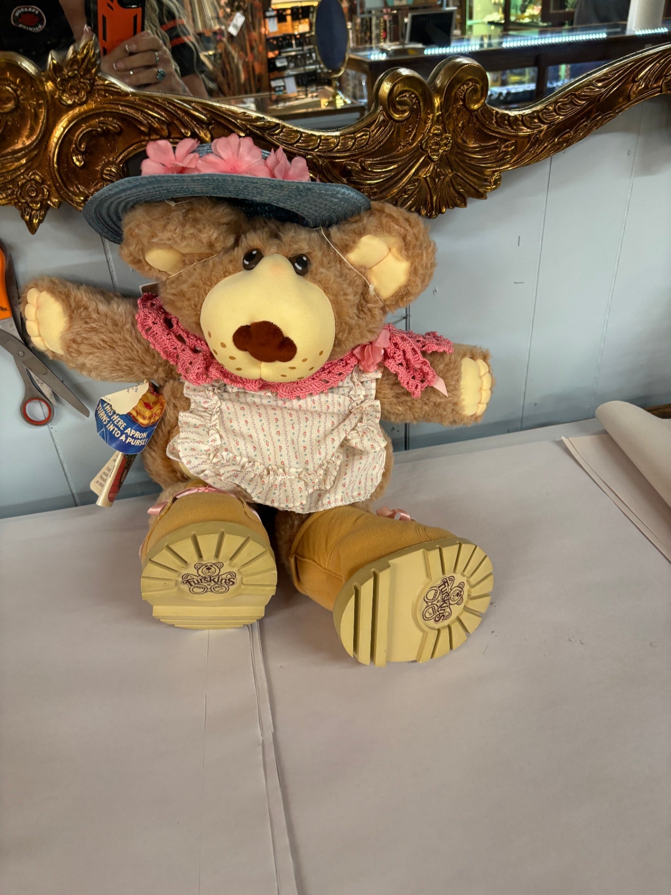 Vintage Tuskins Plush Teddy Bear with Floral Hat, Apron & Boots