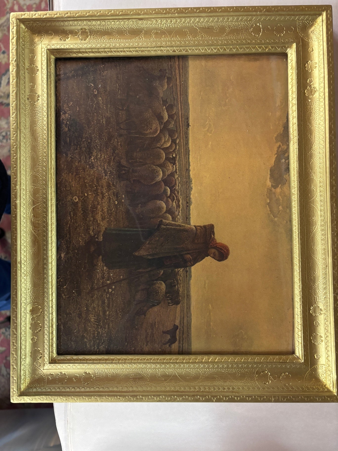 Antique Pastoral Shepherd with Flock Oil Painting in Ornate Gilt Frame