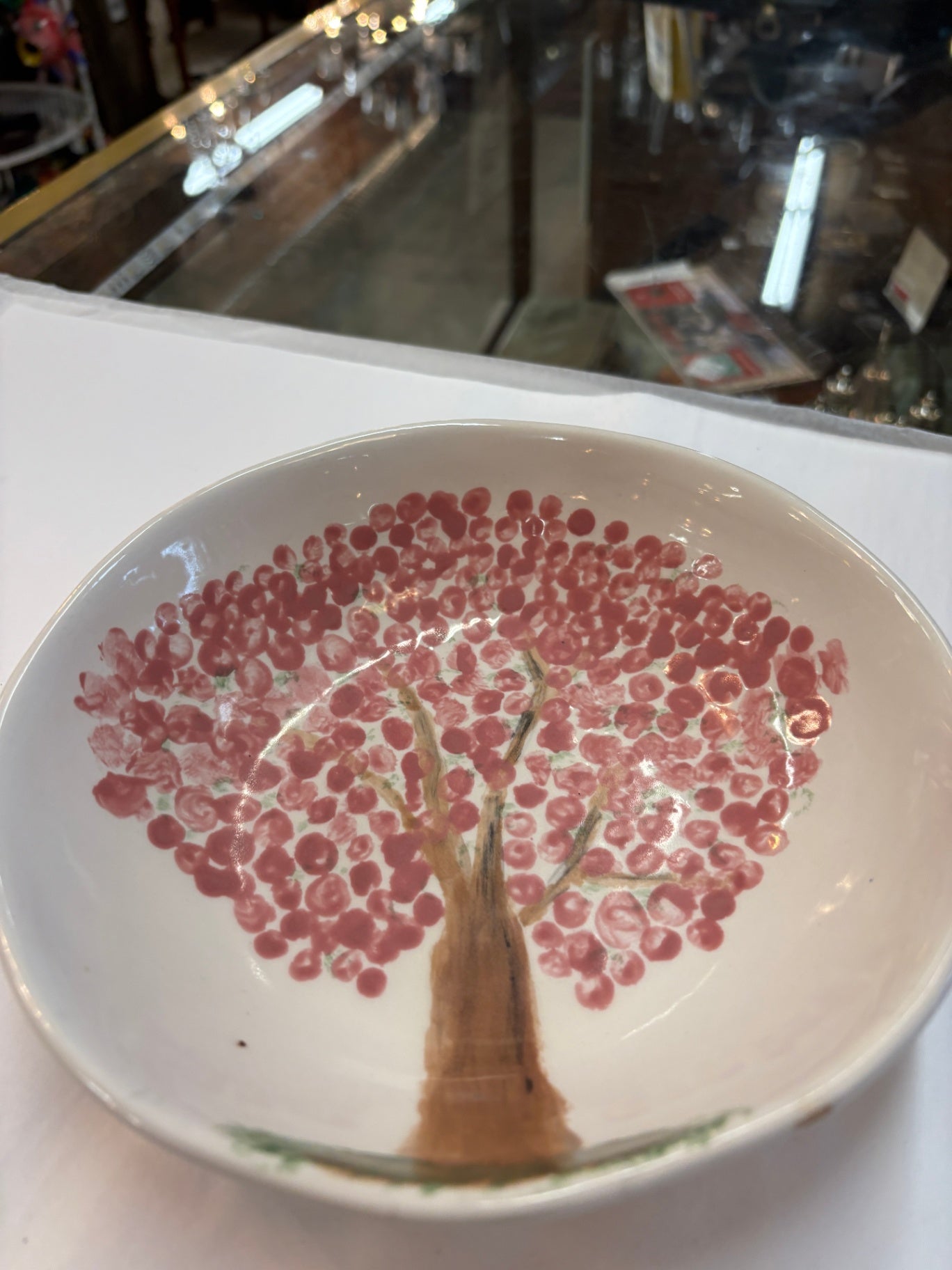 Hand-Painted Folk Art Pottery Bowl with Pink Blossom Tree Design