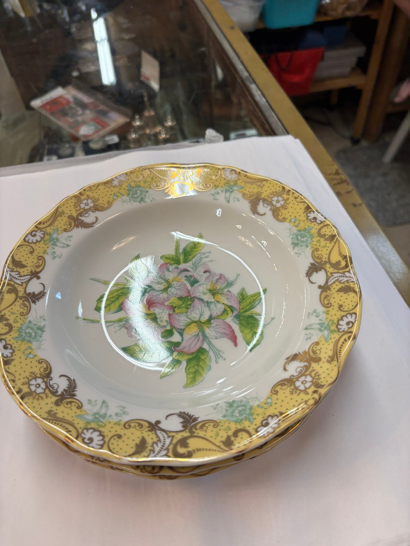 Vintage Floral Porcelain Serving Bowl with Gold Gilt Rim Yellow Border Transferware Centerpiece