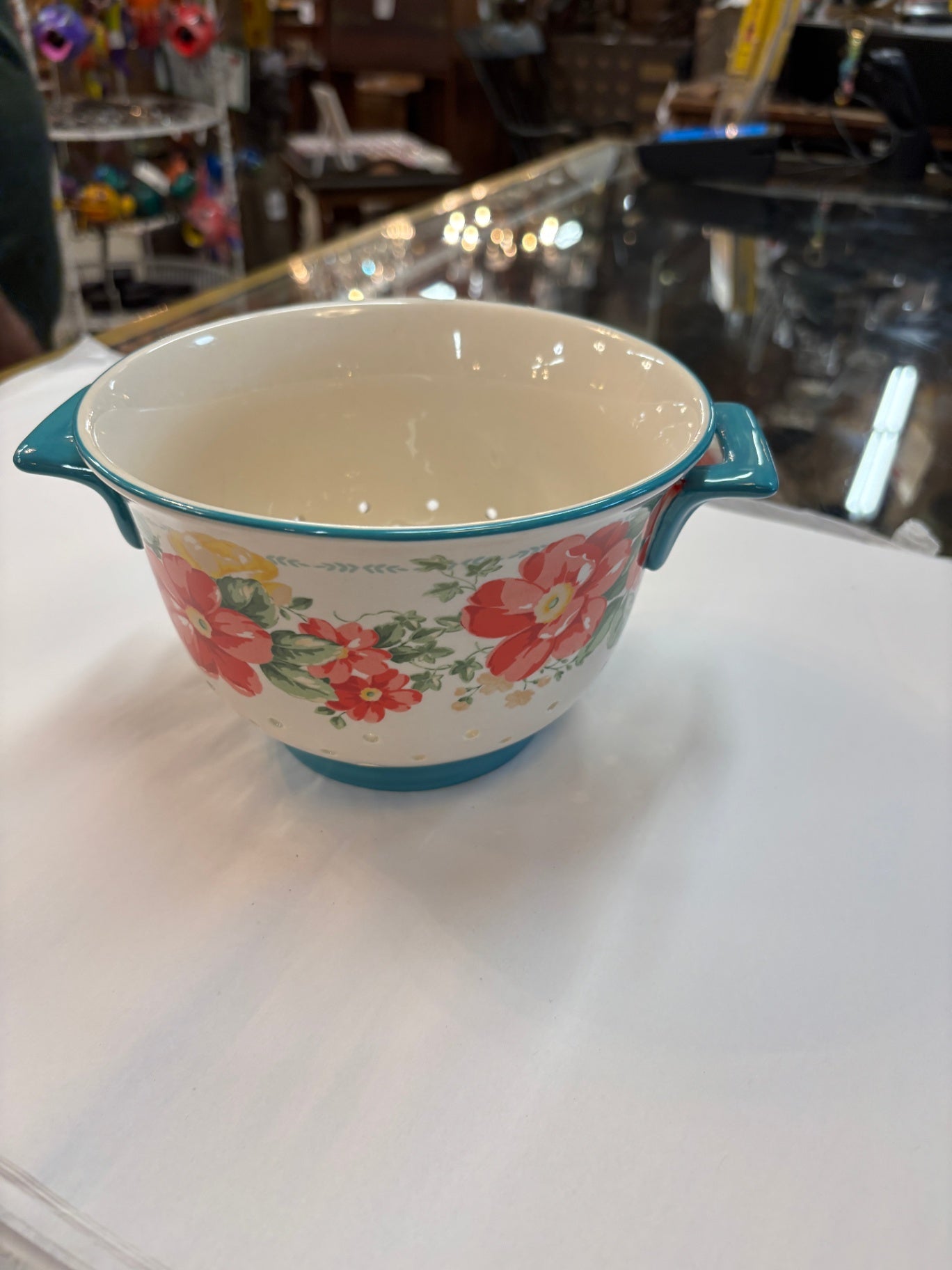 Vintage Floral Ceramic Colander Bowl with Teal Handles