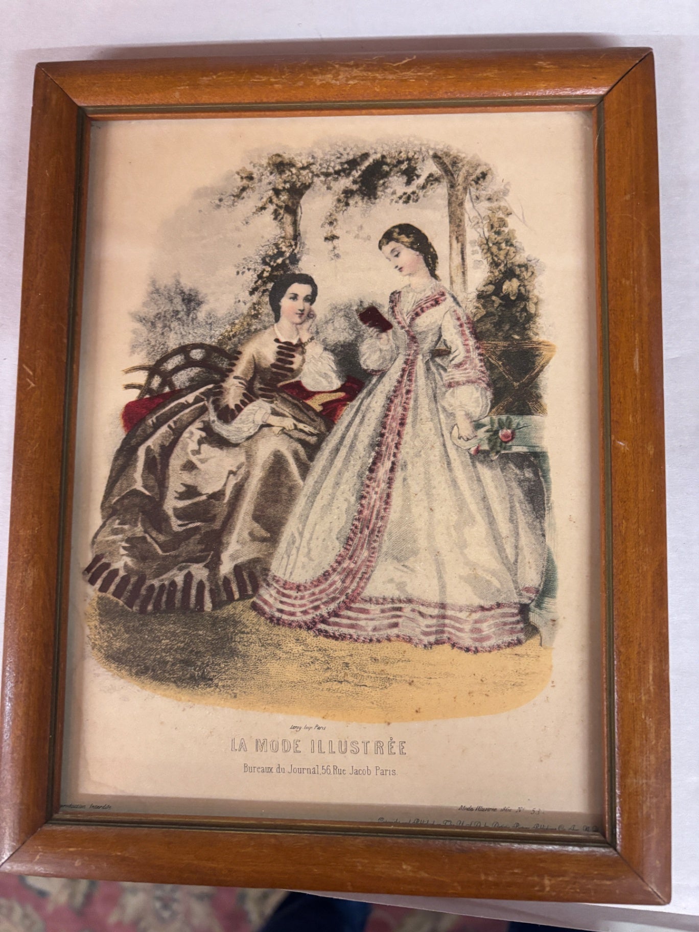 Antique French La Mode Illustrée Fashion Plate Print Framed Victorian Paris Ladies Illustration