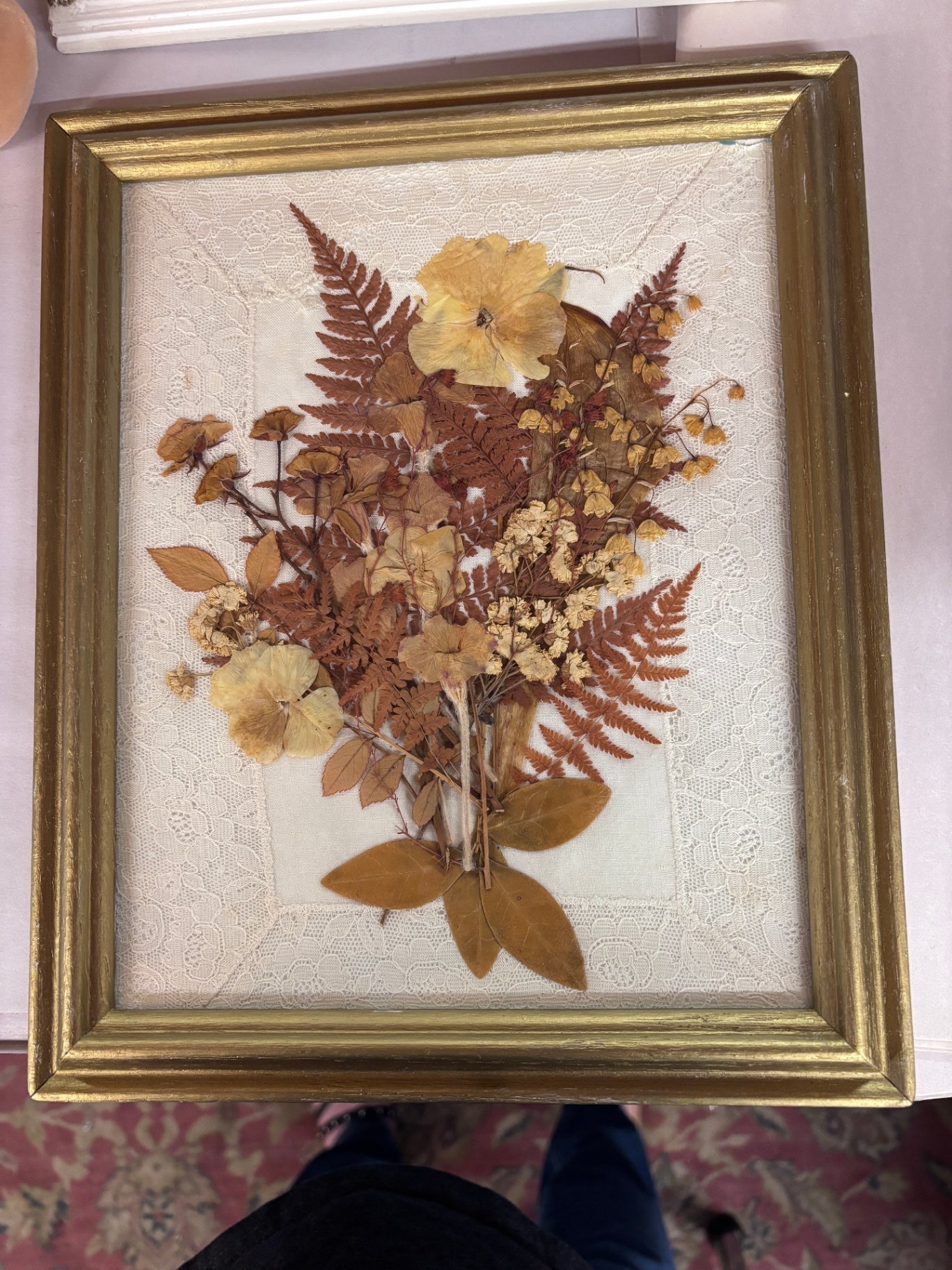Vintage Framed Pressed Flower Arrangement on Lace Background, Cottagecore Botanical Wall Art