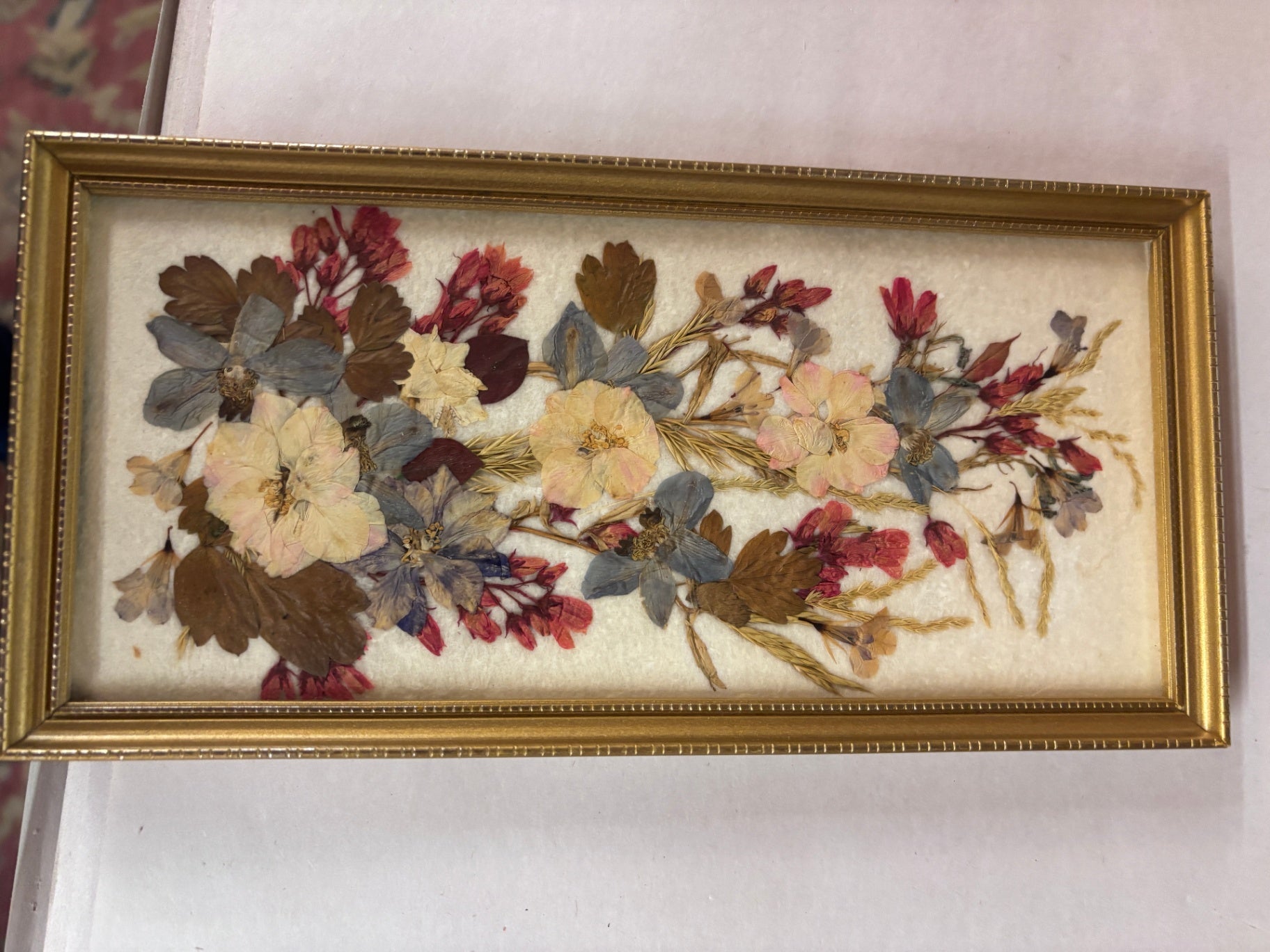 Vintage Framed Pressed Flower Botanical Arrangement Wall Art in Gold Frame