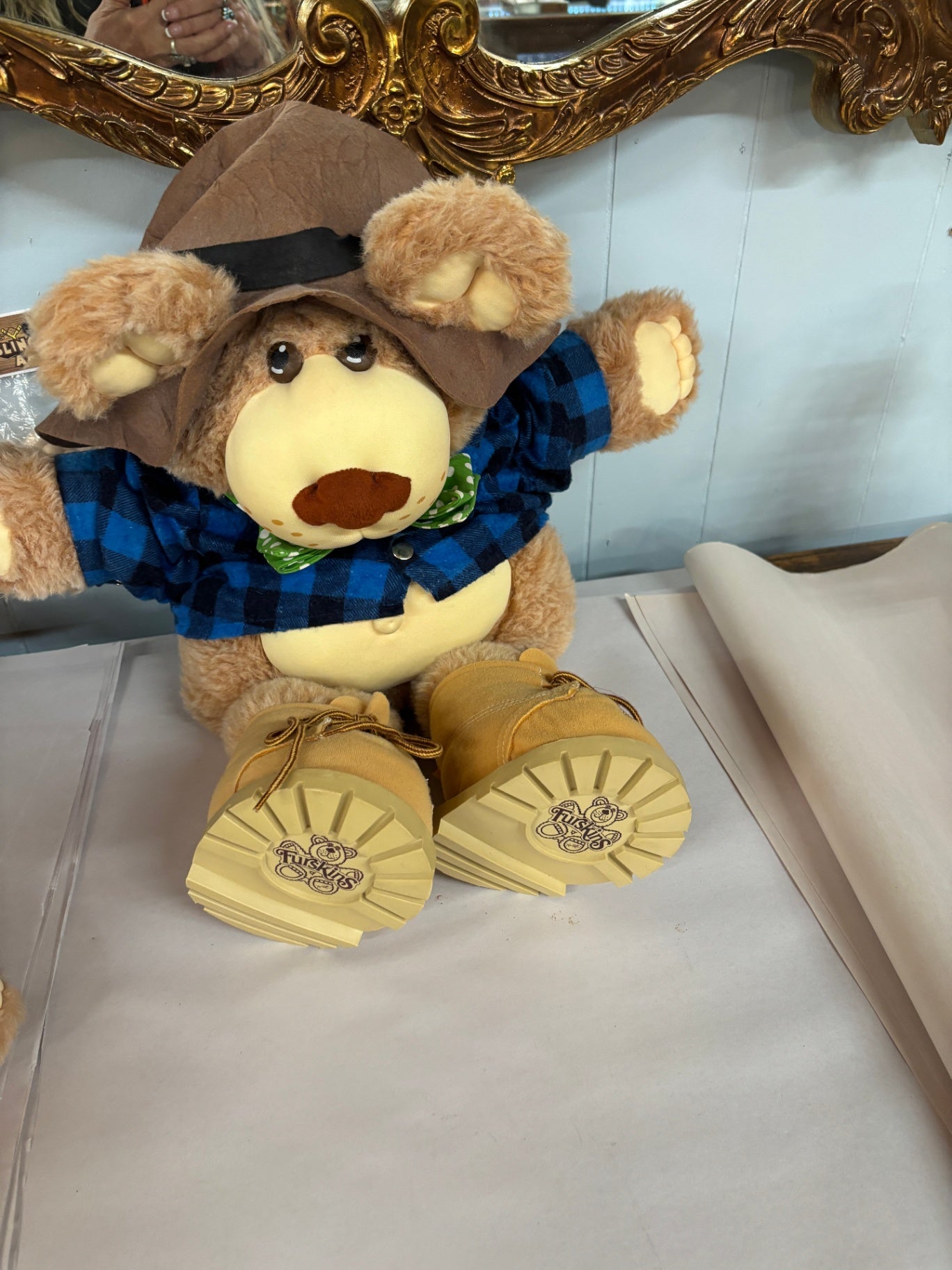 Vintage Tuskins Plush Teddy Bear with Boots, Plaid Shirt & Explorer Hat