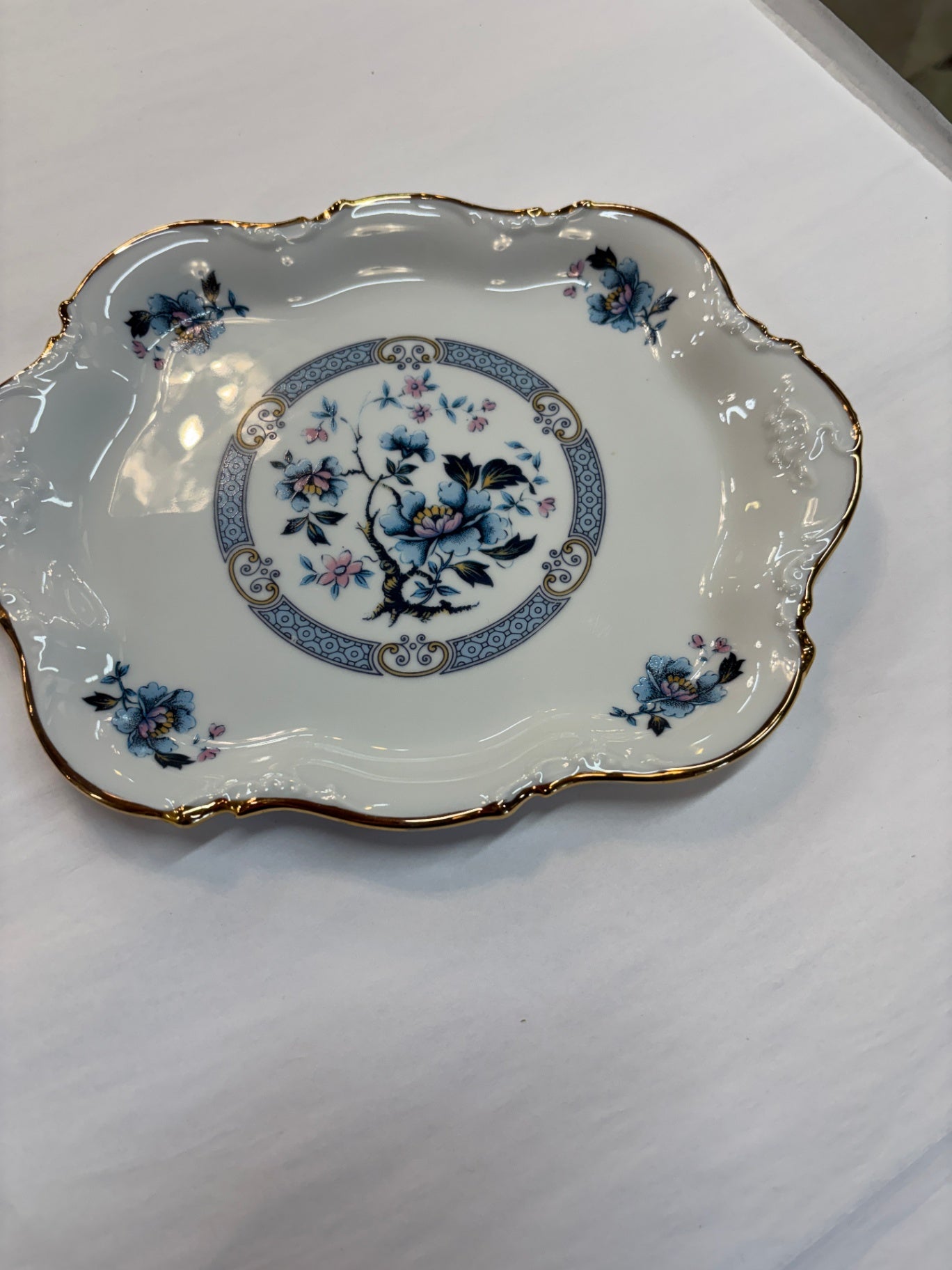 Vintage Blue Floral Porcelain Serving Platter Gold Gilt Scalloped Edge Decorative Tray