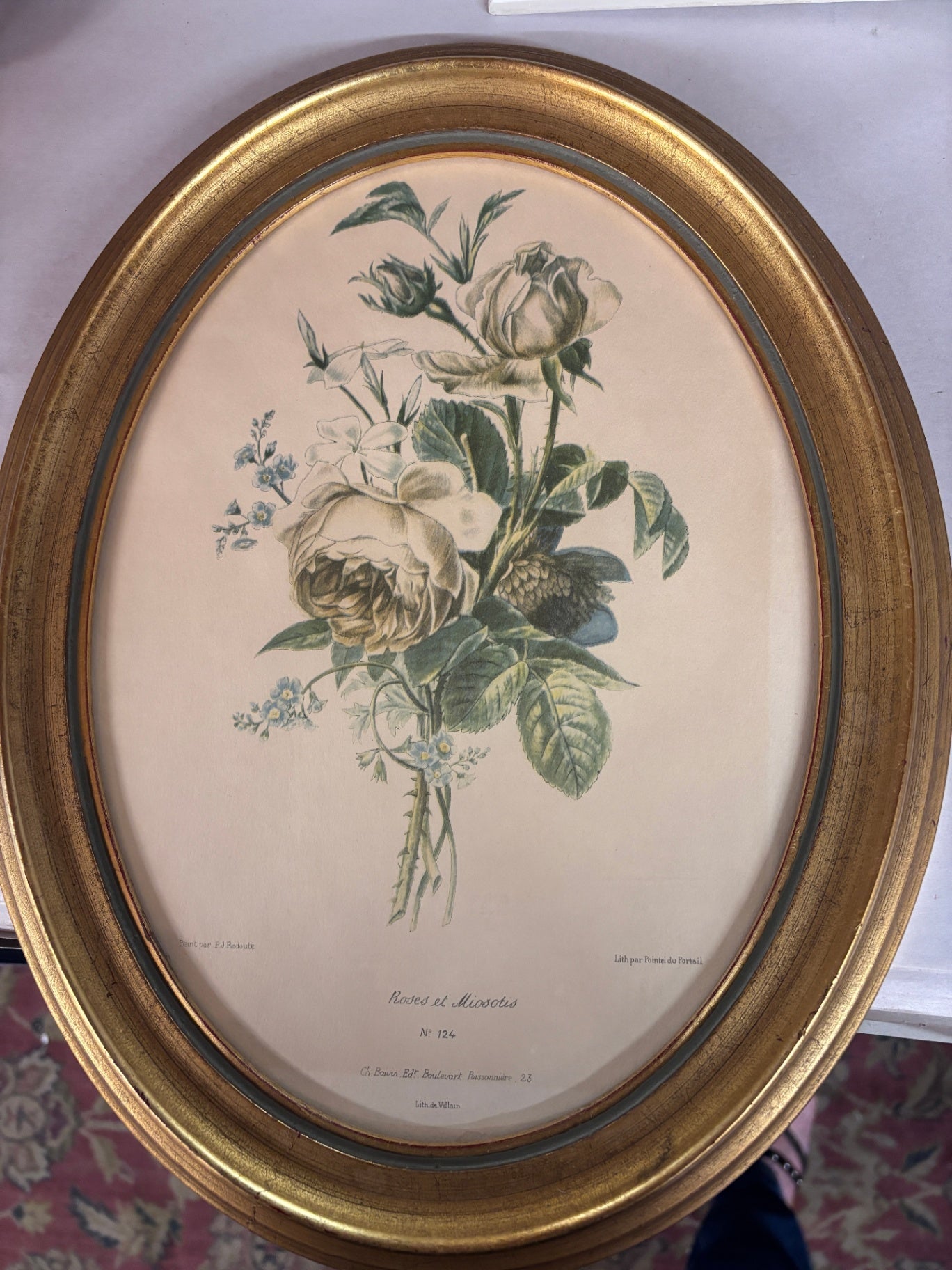 Antique French Floral Lithograph "Roses et Myosotis" No. 124 in Oval Gilt Frame