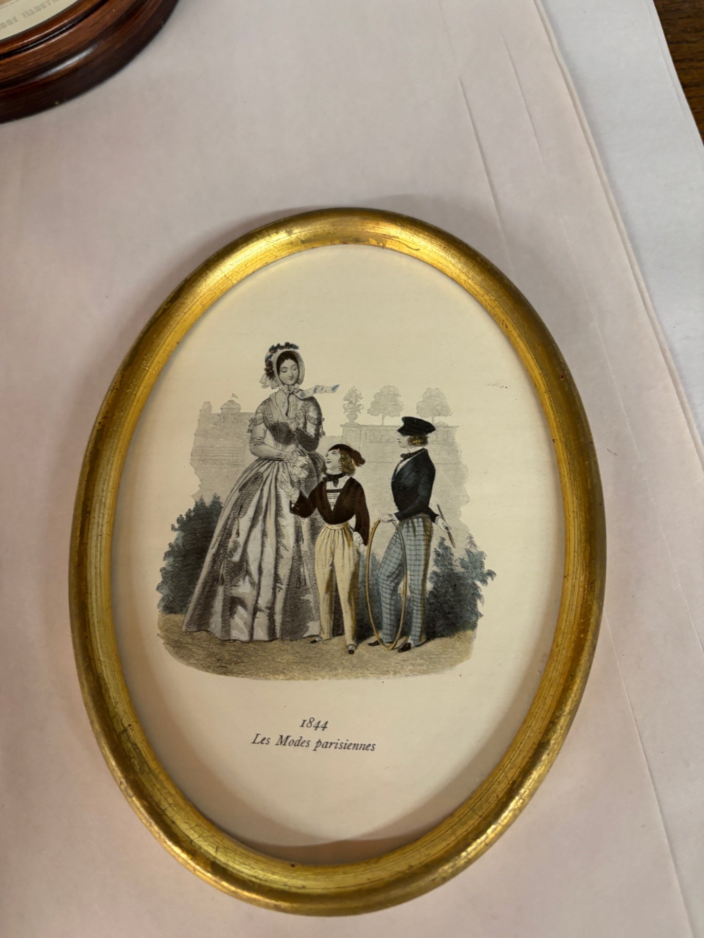 Antique French Fashion Print 1844 Les Modes Parisiennes Oval Gilt Frame Victorian Costume Illustration