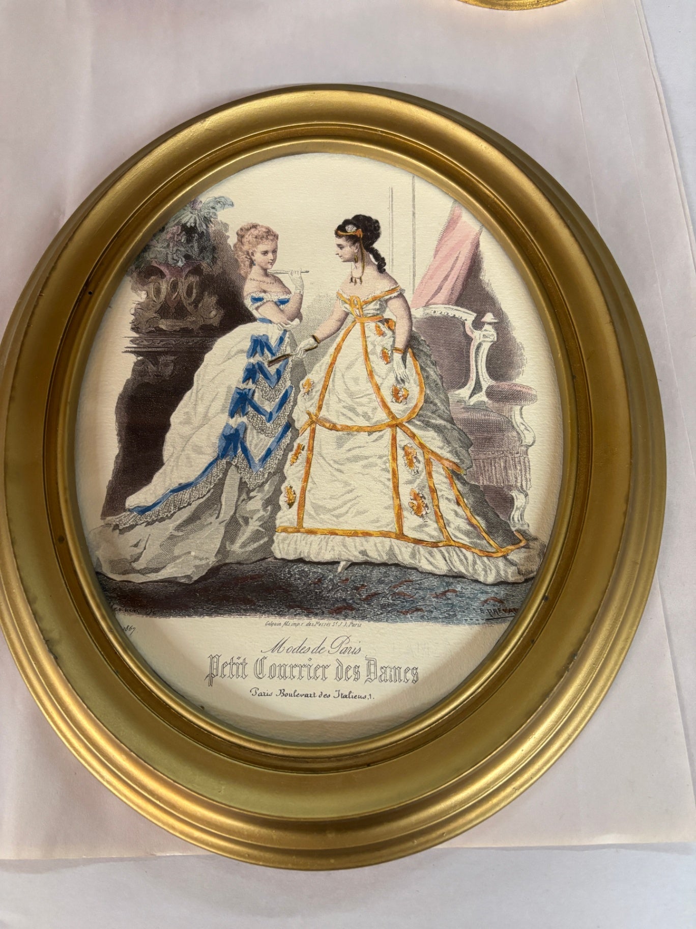 Antique French Fashion Plate Print Petit Courrier des Dames Oval Gilt Frame Paris Modes c.1860s