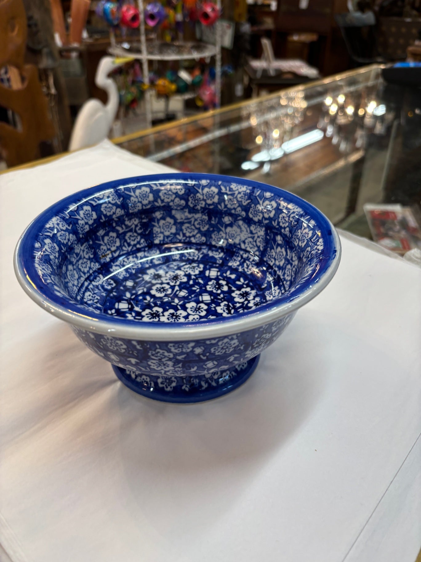 Vintage Blue & White Floral Transferware Pedestal Bowl