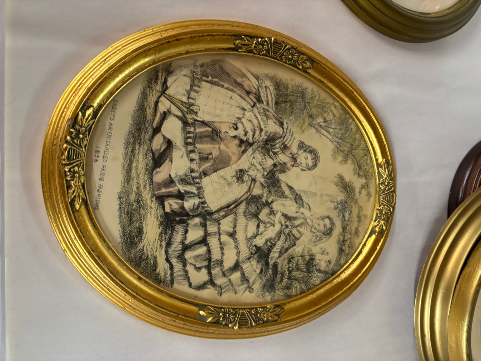 Antique 1836 Paris Fashion Print in Oval Gilt Frame