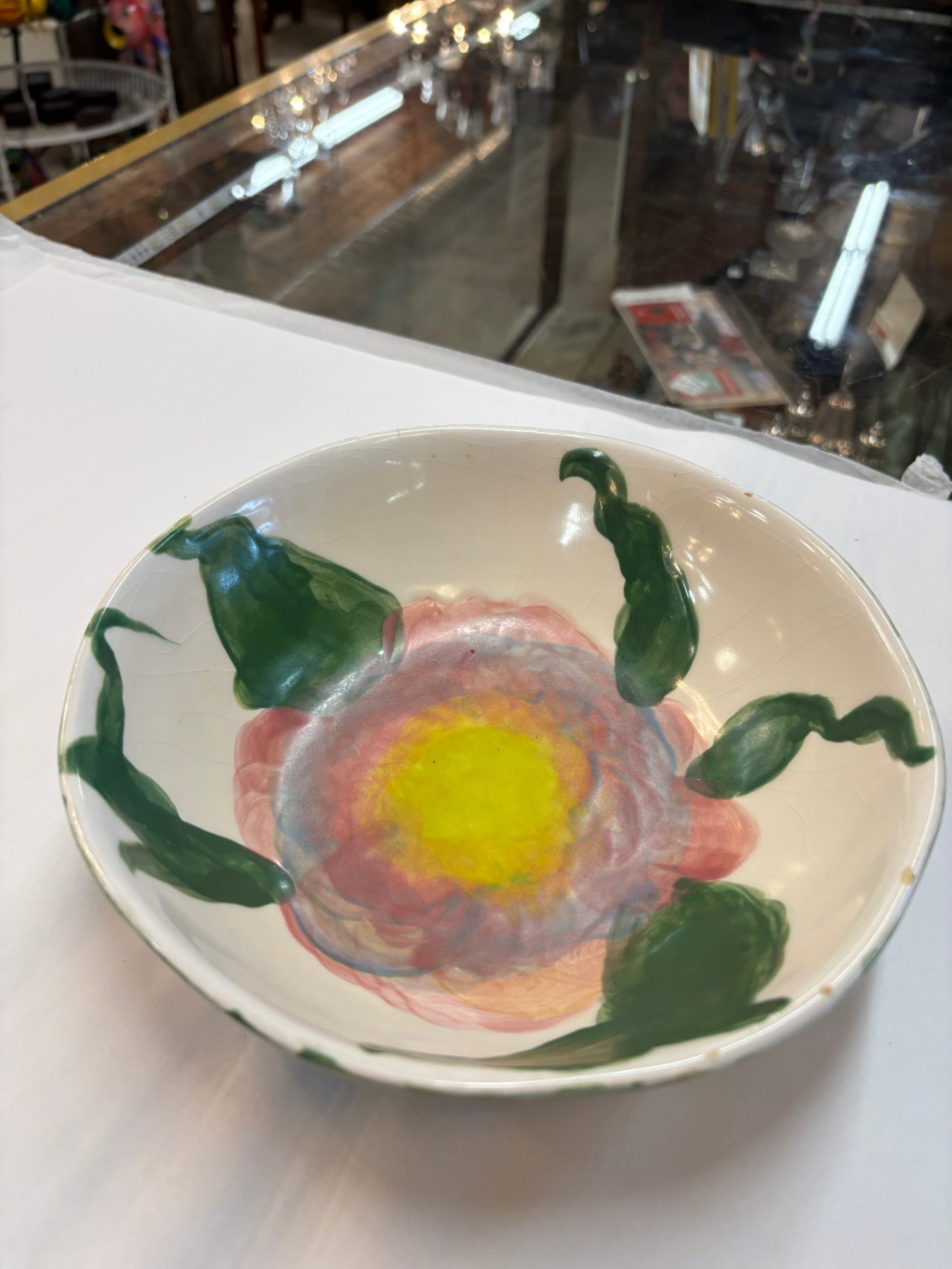 Vintage Hand-Painted Floral Art Pottery Bowl – Large Decorative Serving Centerpiece