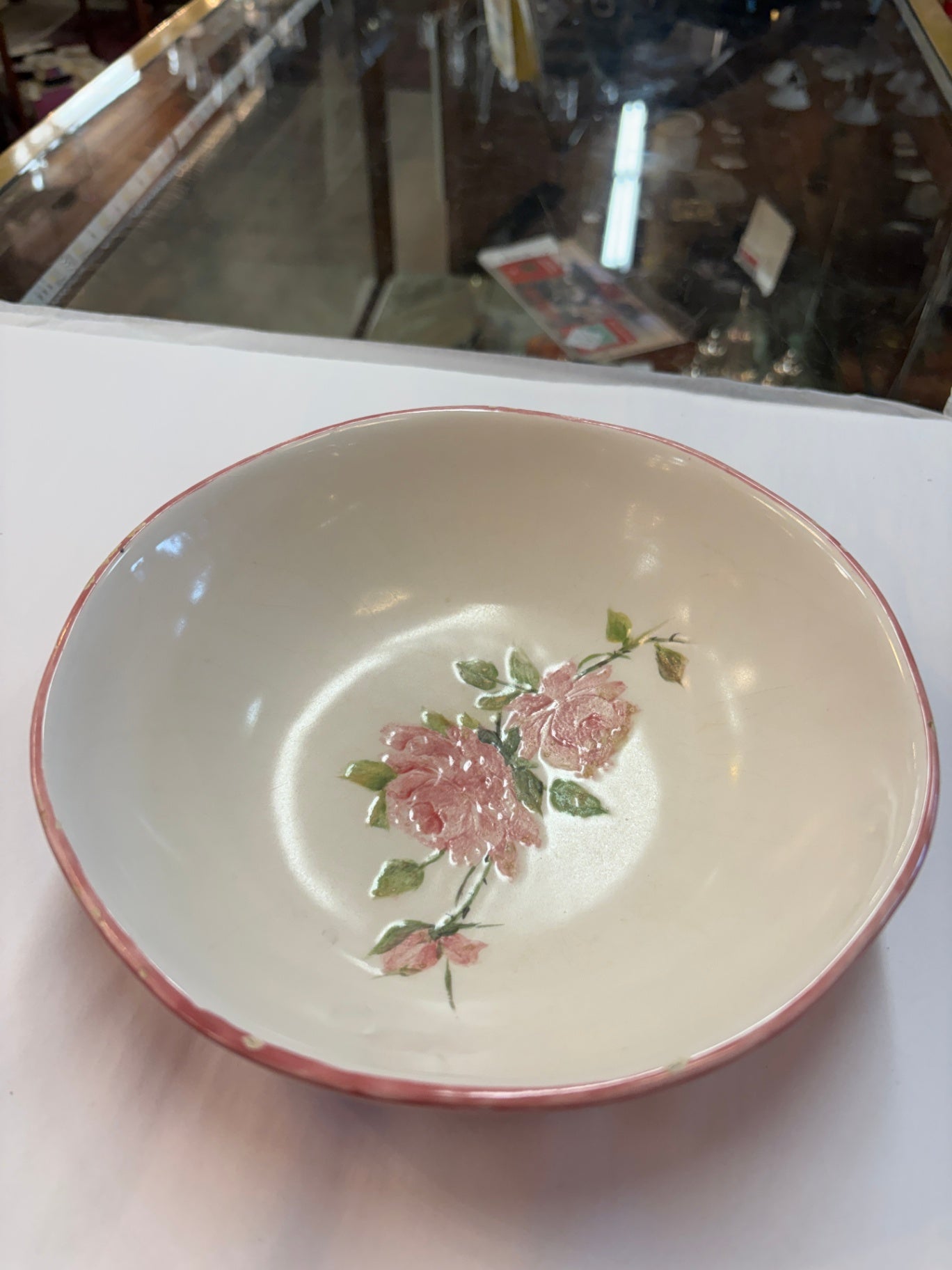 Vintage Hand-Painted Pink Rose Floral Serving Bowl