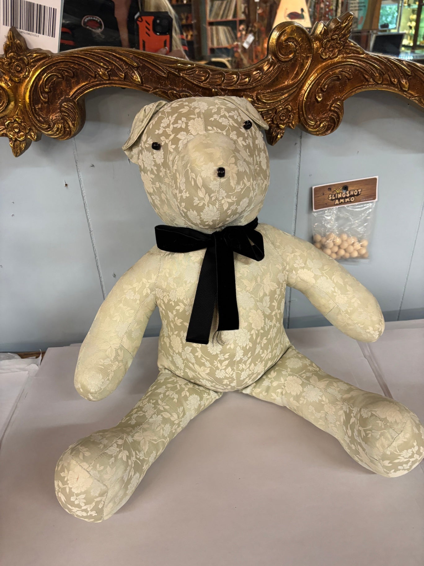 Handcrafted Floral Upholstery Fabric Teddy Bear with Black Ribbon Bow