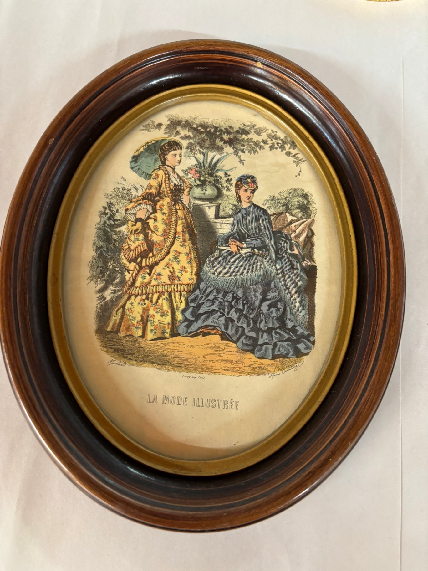 Antique La Mode Illustrée Victorian Fashion Print in Oval Wood Frame French Ladies Engraving