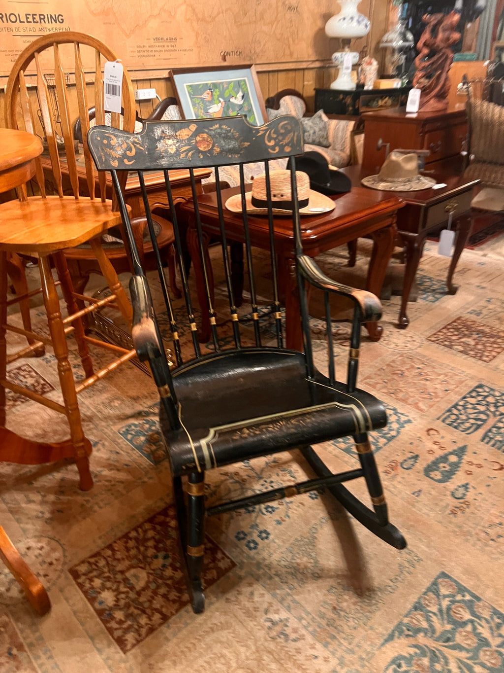 Pennsylvania Dutch Painted Windsor Rocking Chair Black Gold Floral Folk Art