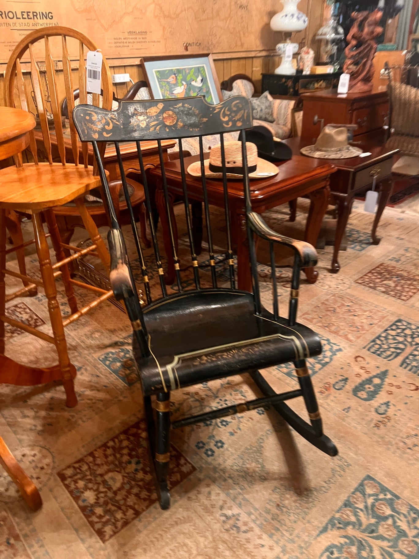 Pennsylvania Dutch Painted Windsor Rocking Chair Black Gold Floral Folk Art