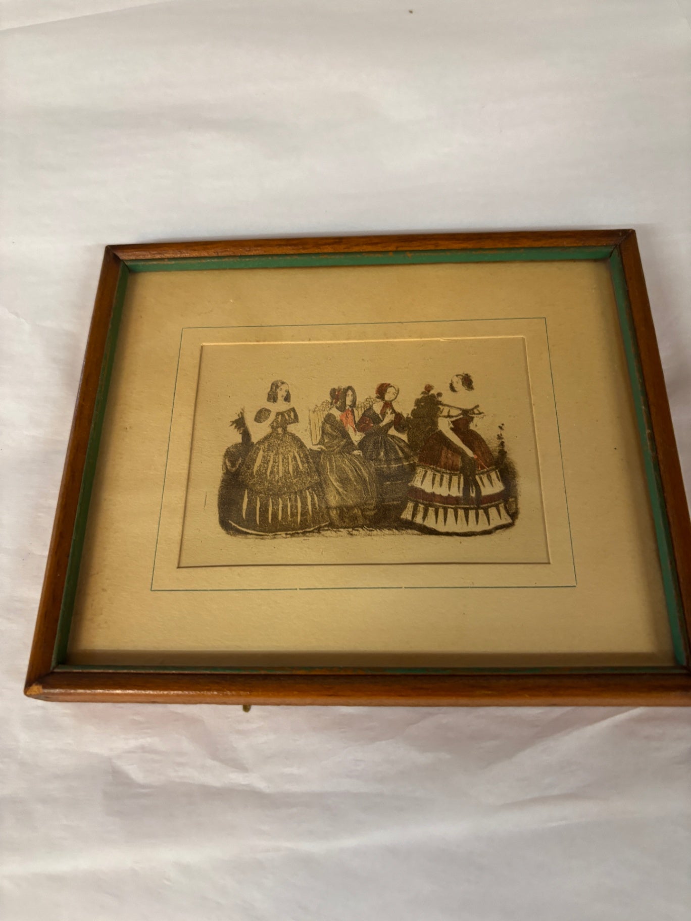 Antique Hand-Colored Victorian Fashion Print in Walnut Frame – Ladies in Crinoline Dresses