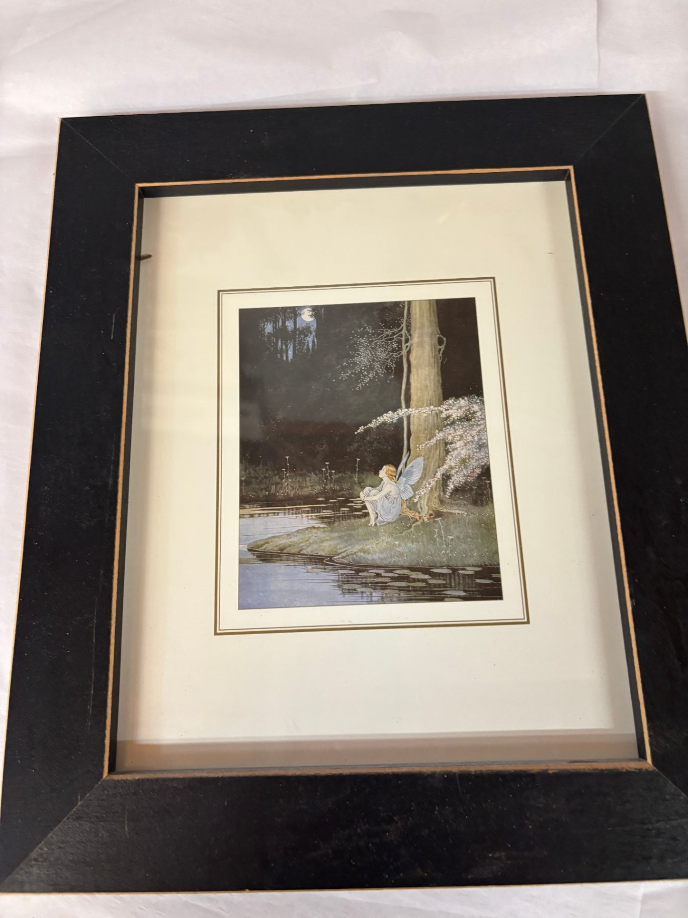 Vintage Fairy by Moonlit Pond Framed Art Print