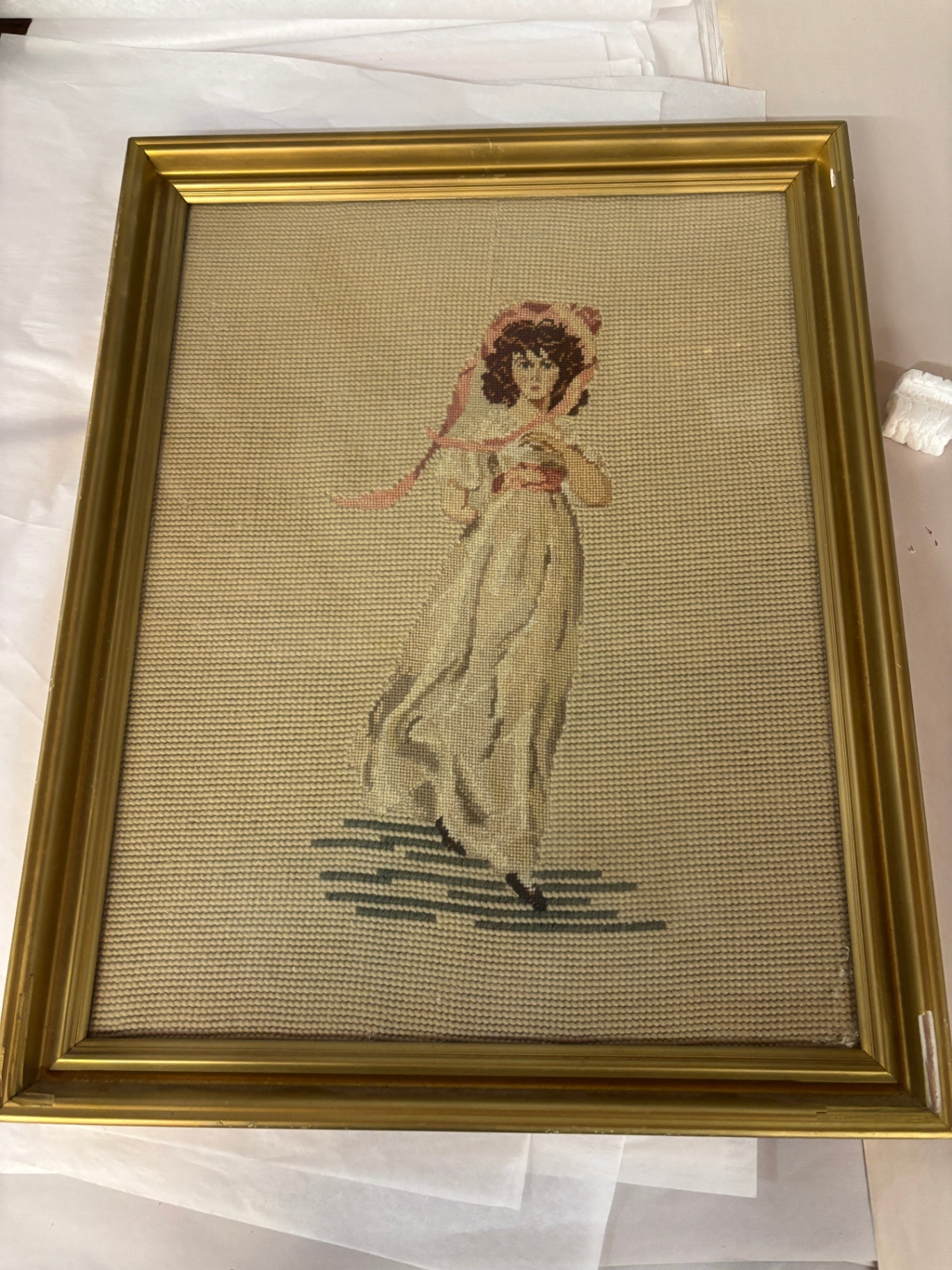 Vintage Framed Needlepoint Portrait of Edwardian Lady with Pink Ribbon Hat – Hand-Stitched Needlework Wall Art