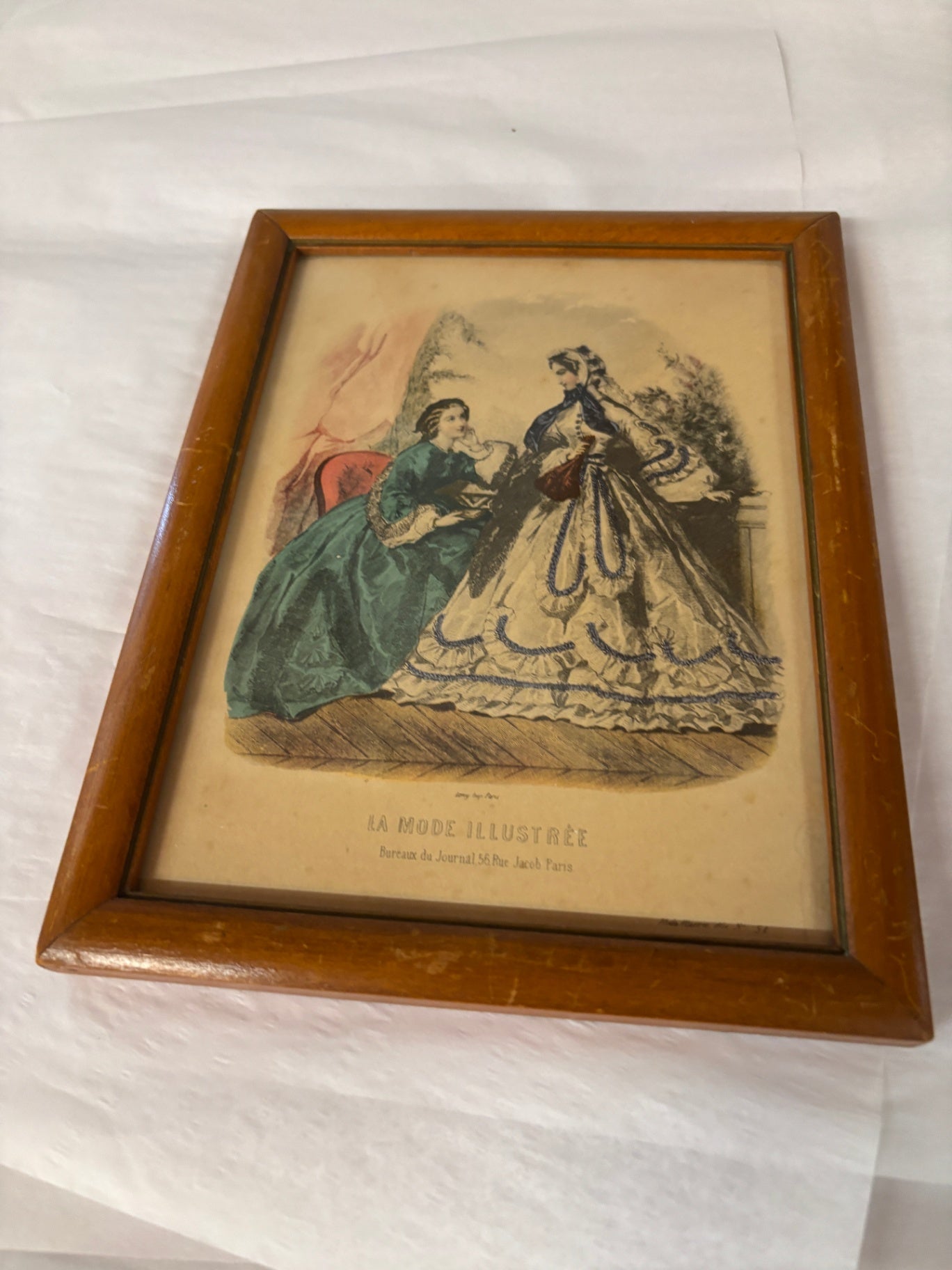 Antique French Fashion Print "La Mode Illustrée" Paris Hand-Colored Victorian Dress Engraving Framed