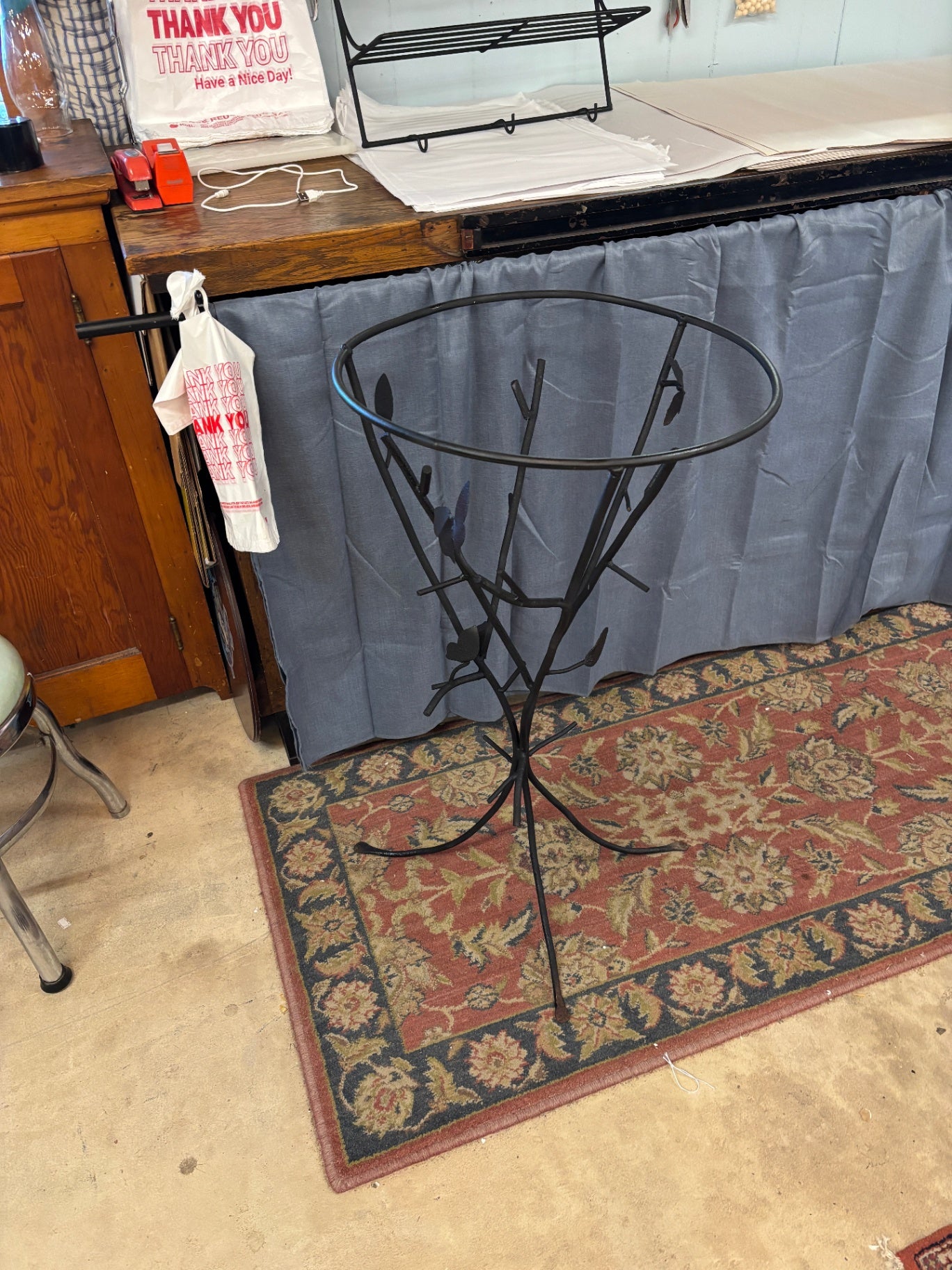 Vintage Black Wrought Iron Plant Stand with Branch & Leaf Motif