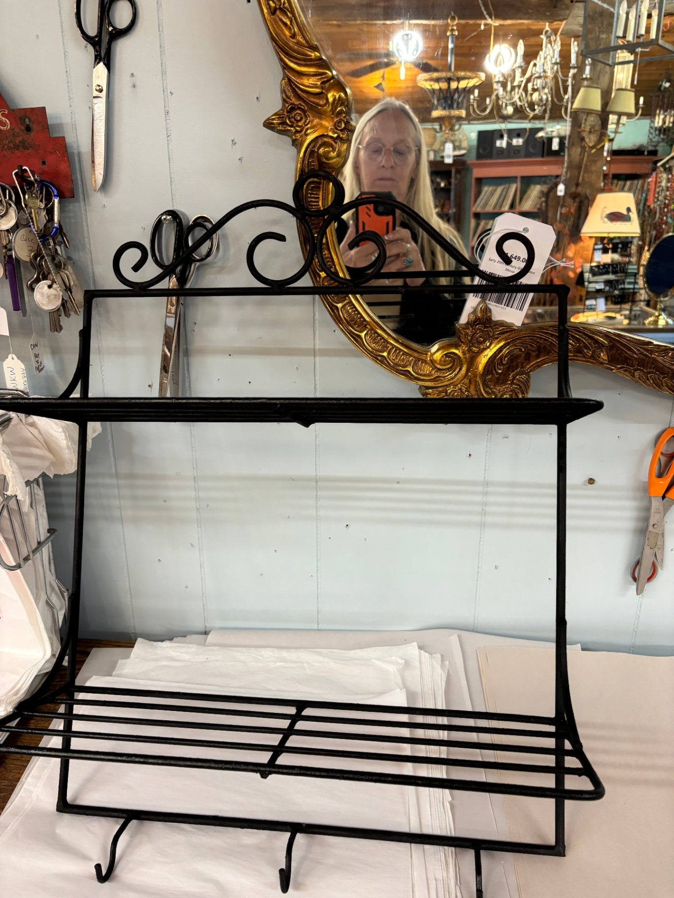 Vintage Black Wrought Iron Wall Shelf Rack with Hooks