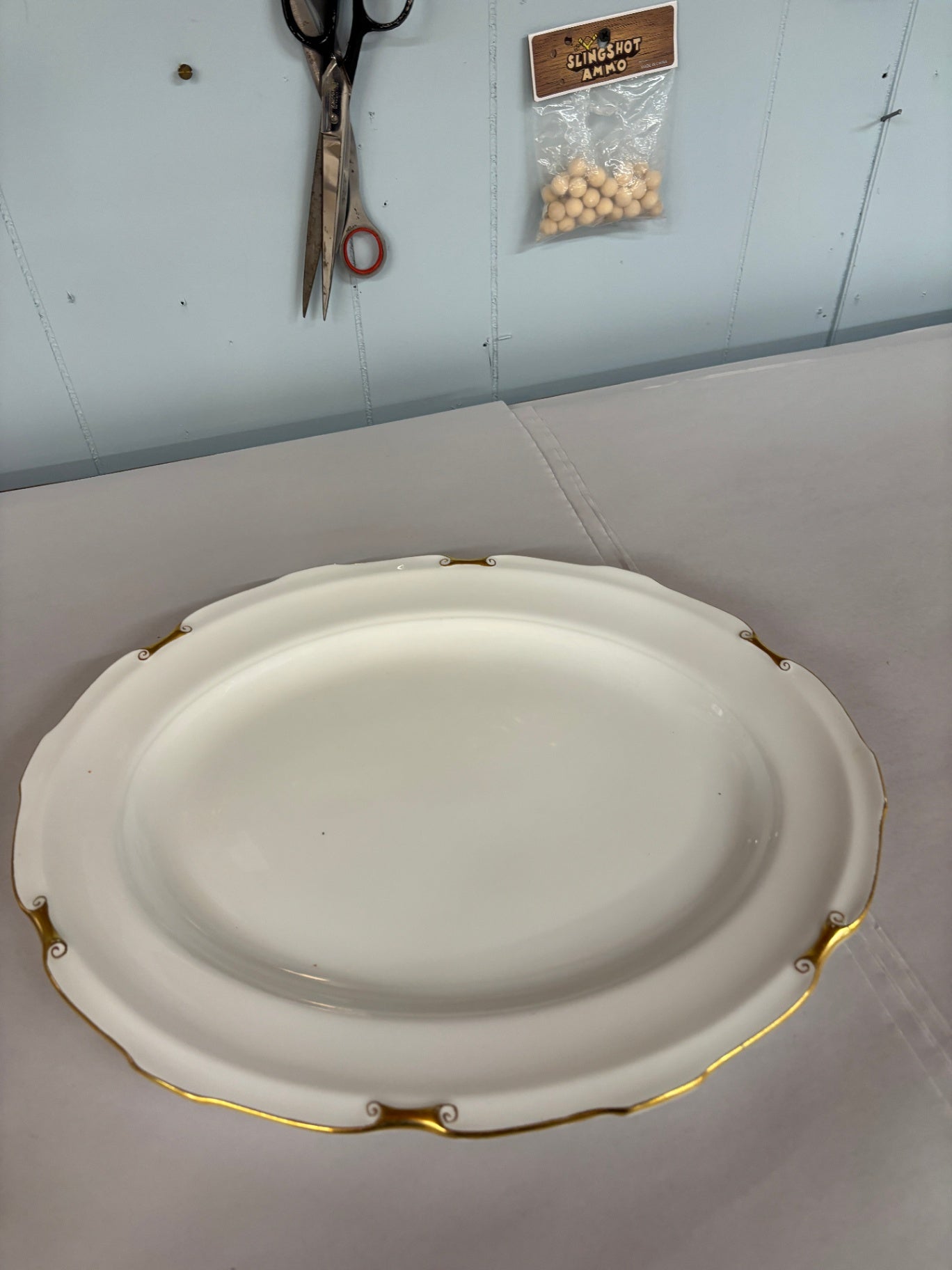 Vintage White Porcelain Oval Serving Platter with Gold Scroll Trim