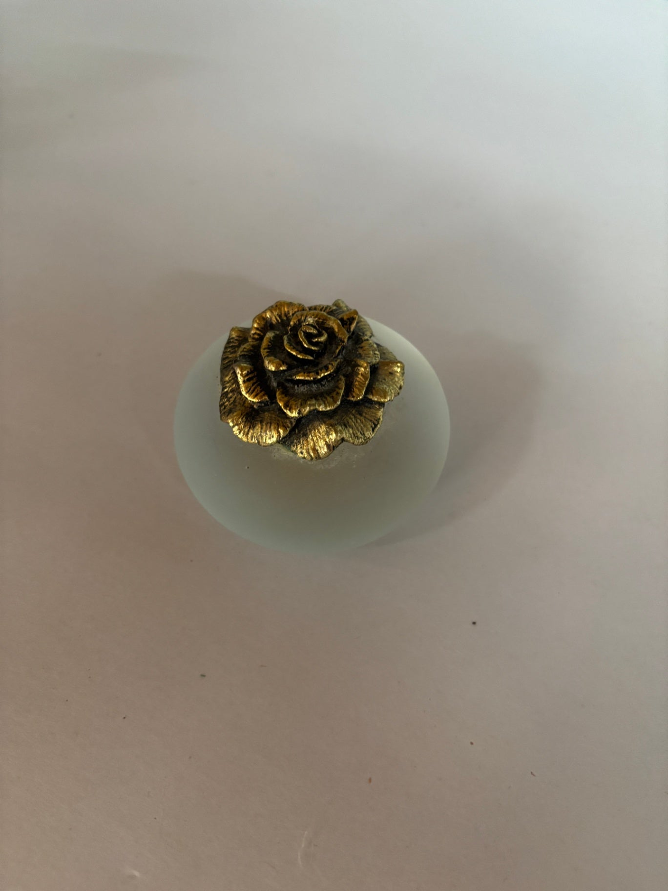 Vintage Frosted Glass Rose Trinket Box with Brass Tone Floral Lid