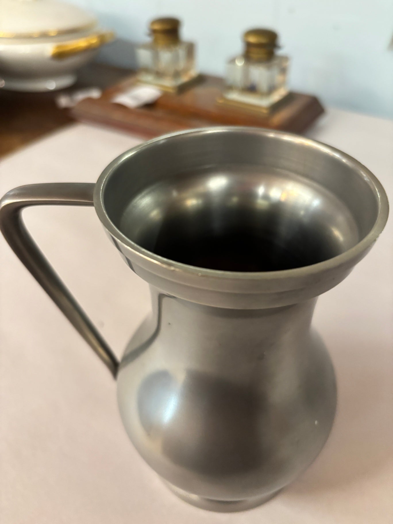 : Vintage Modern Pewter Pitcher / Tankard with Geometric Handle