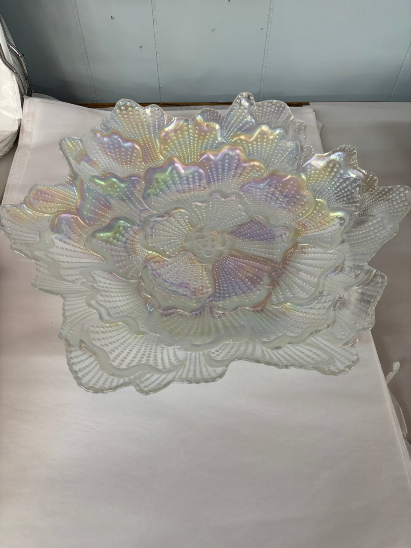 Vintage Iridescent Frosted Glass Floral Centerpiece Bowl