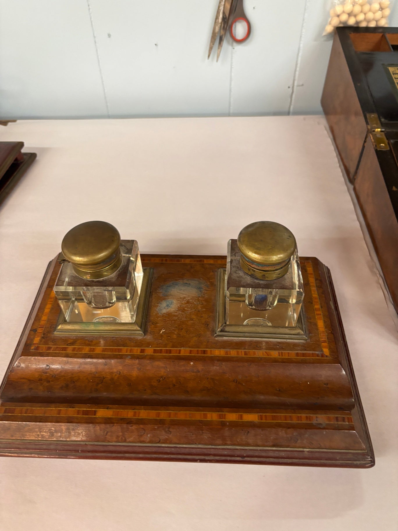 Victorian Burl Walnut Double Inkstand with Crystal Inkwells