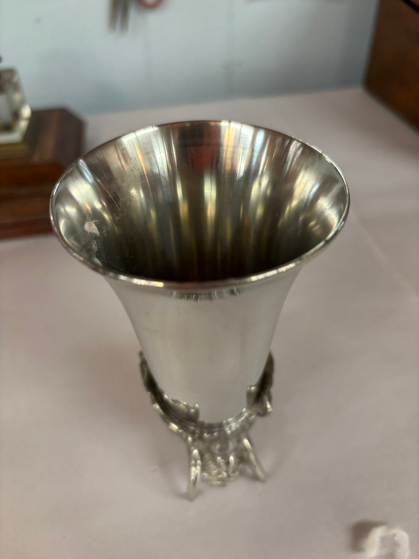 Vintage Pewter Trumpet Vase / Goblet with Ornate Footed Base