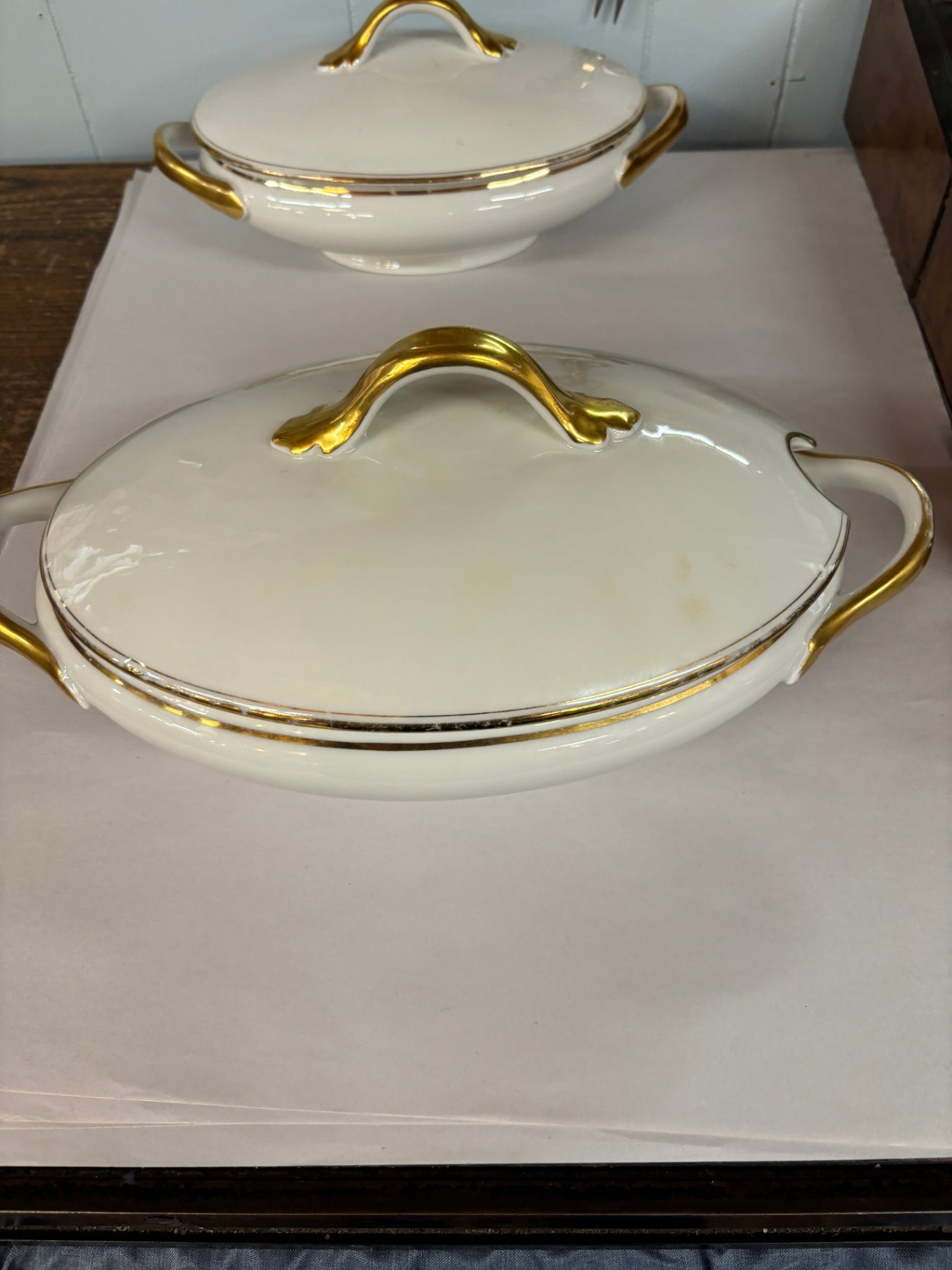 Vintage CL France Porcelain Covered Serving Tureens with Gold Trim