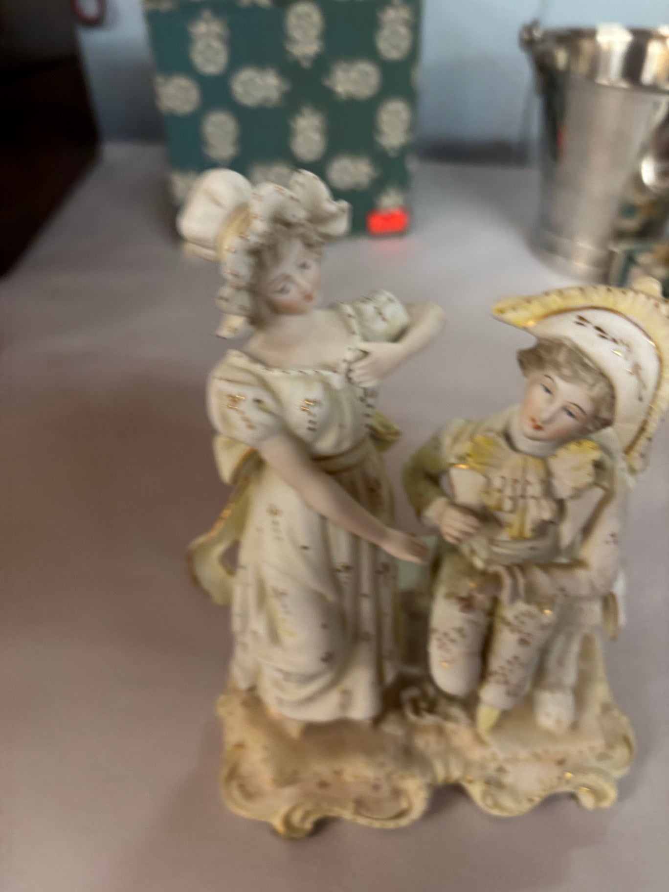 Vintage Porcelain Victorian Couple Figurine w/ Baby & Fan – Hand Painted Rococo Style Figure
