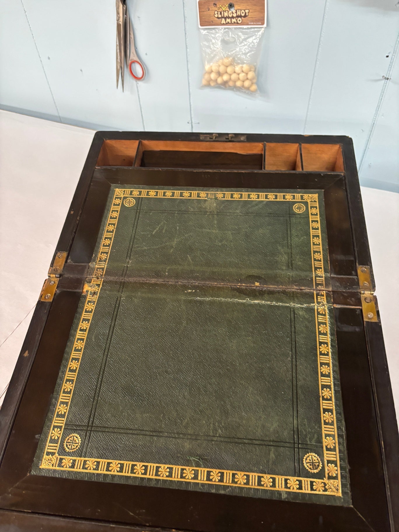 Vintage Folding Lap Desk / Portable Writing Slope with Green Tooled Leather Surface