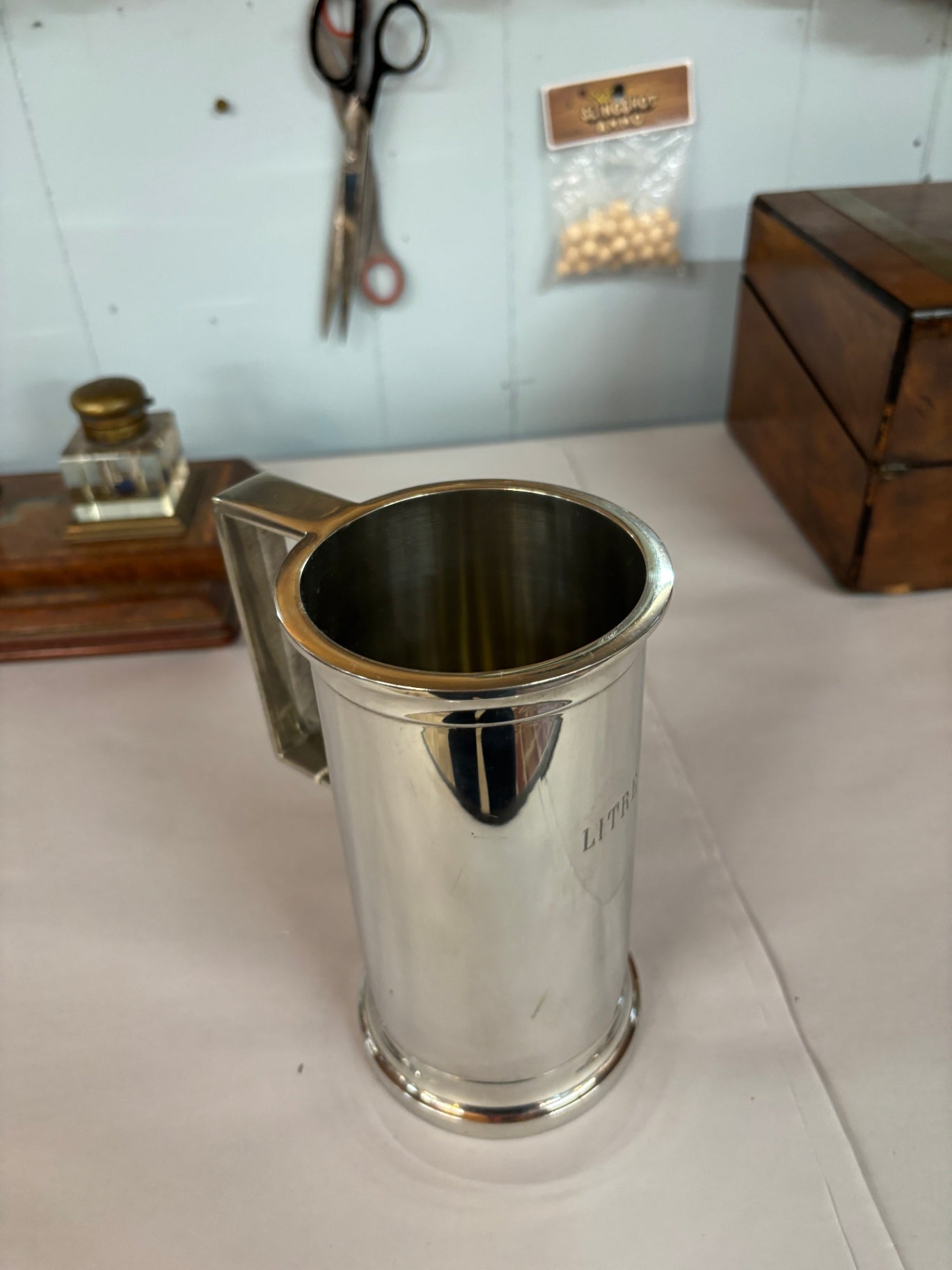 Vintage Pewter Tankard / Measure Mug with Engraved “LITH–” Monogram