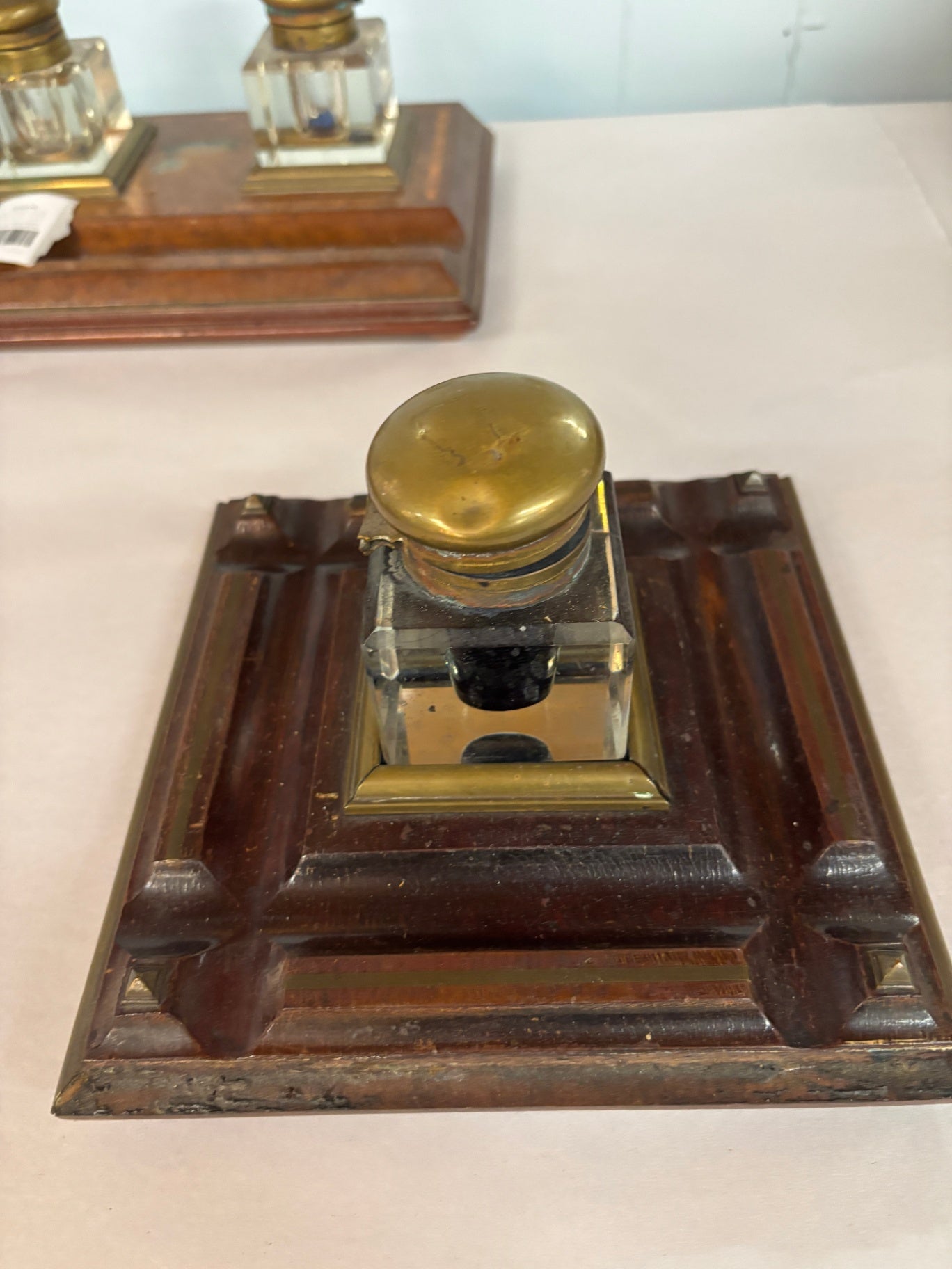 Antique Victorian Walnut & Brass Inkwell Desk Stand with Glass Insert