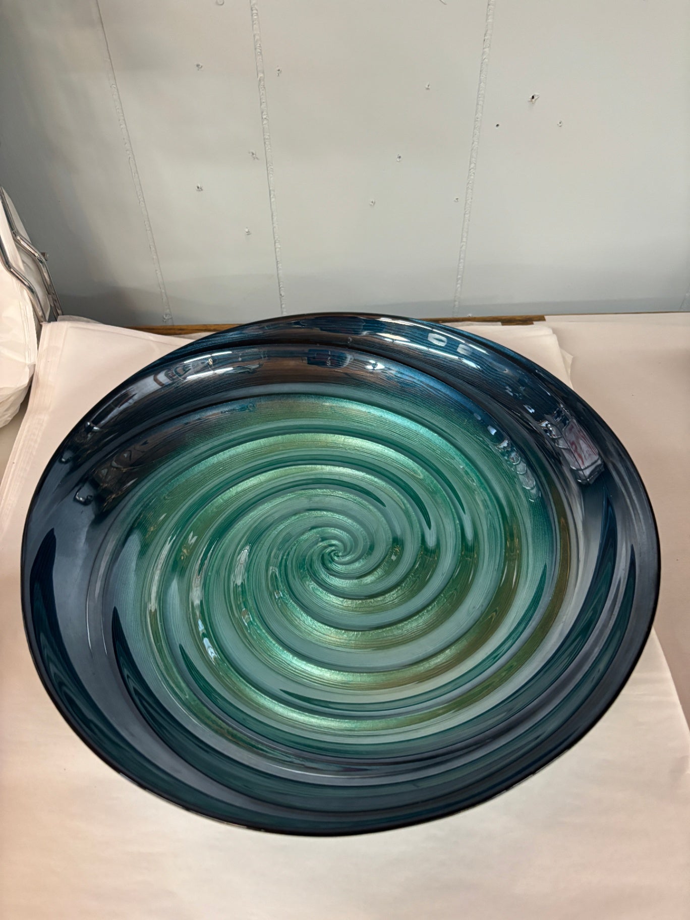Large Hand-Blown Art Glass Spiral Centerpiece Bowl – Blue & Aqua Swirl Decorative Platter