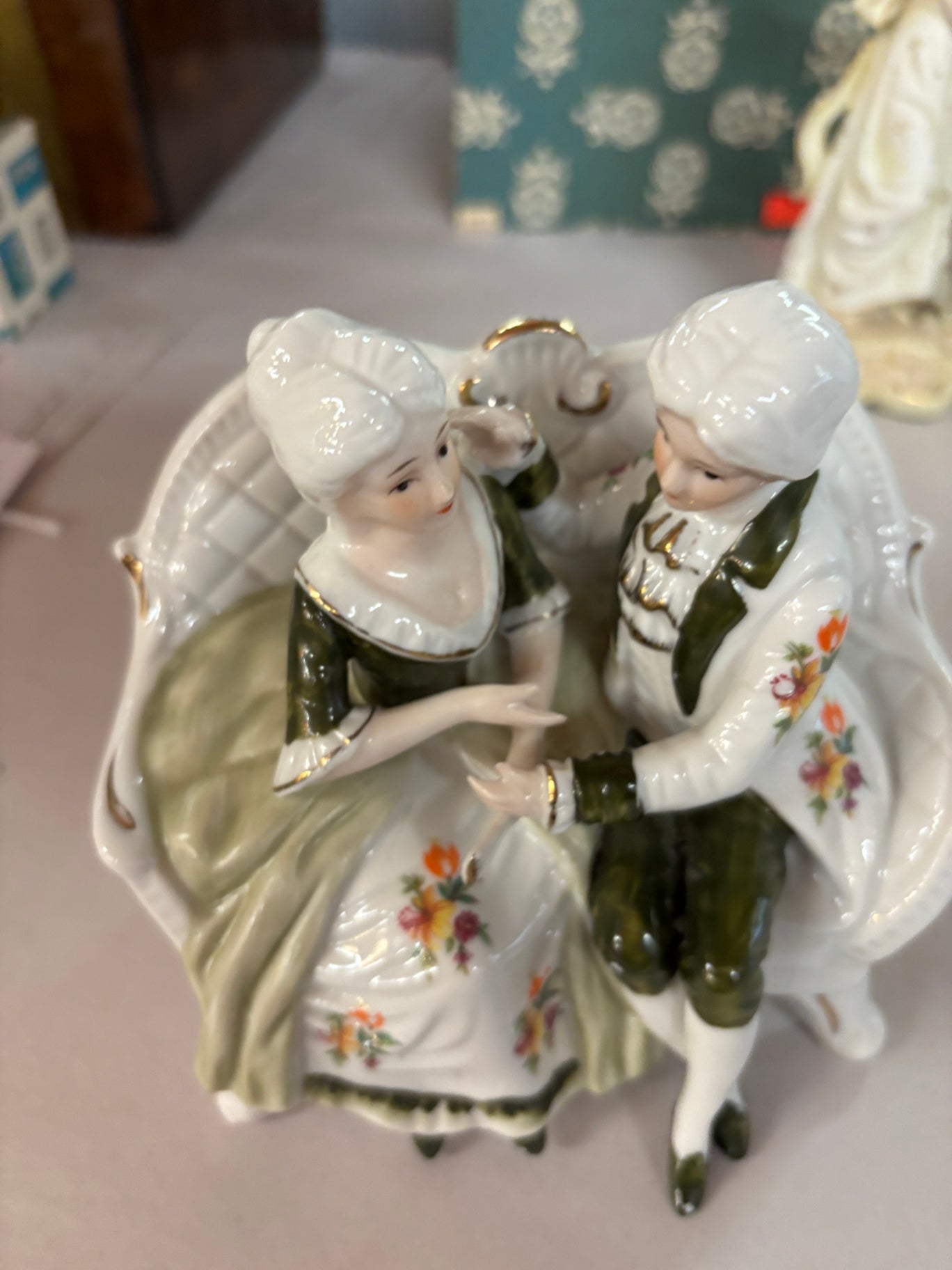 Vintage Porcelain Victorian Courting Couple Figurine on Settee Bench