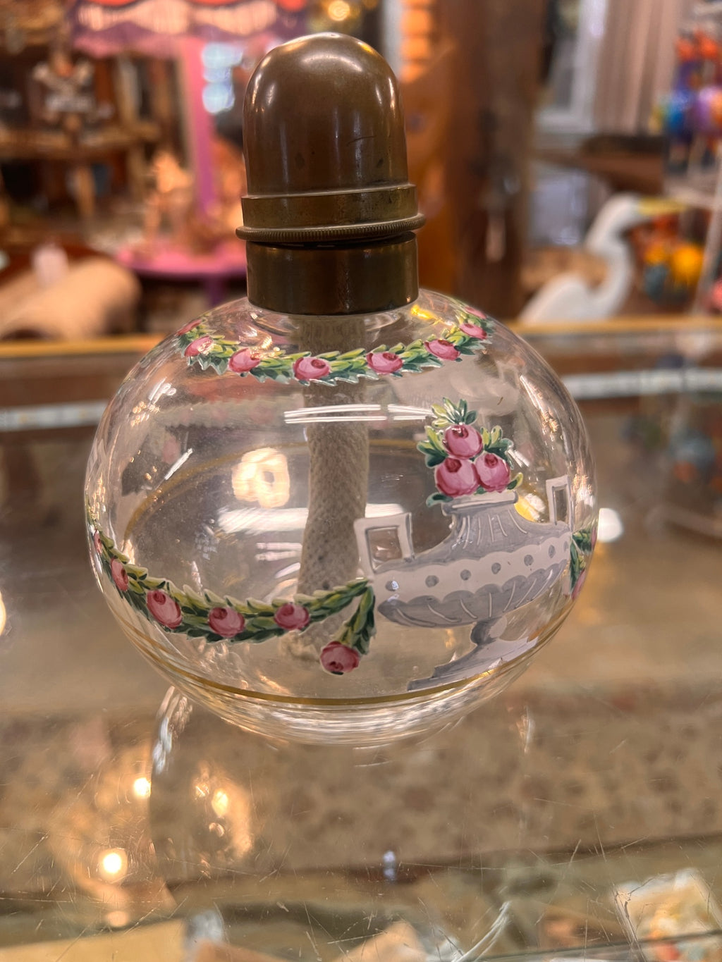 Vintage Hand-Painted Glass Oil Lamp / Perfume Lamp with Floral Garland Decoration