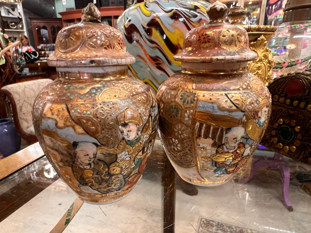 Pair of Vintage Japanese Satsuma Style Ginger Jars with Figural Decoration