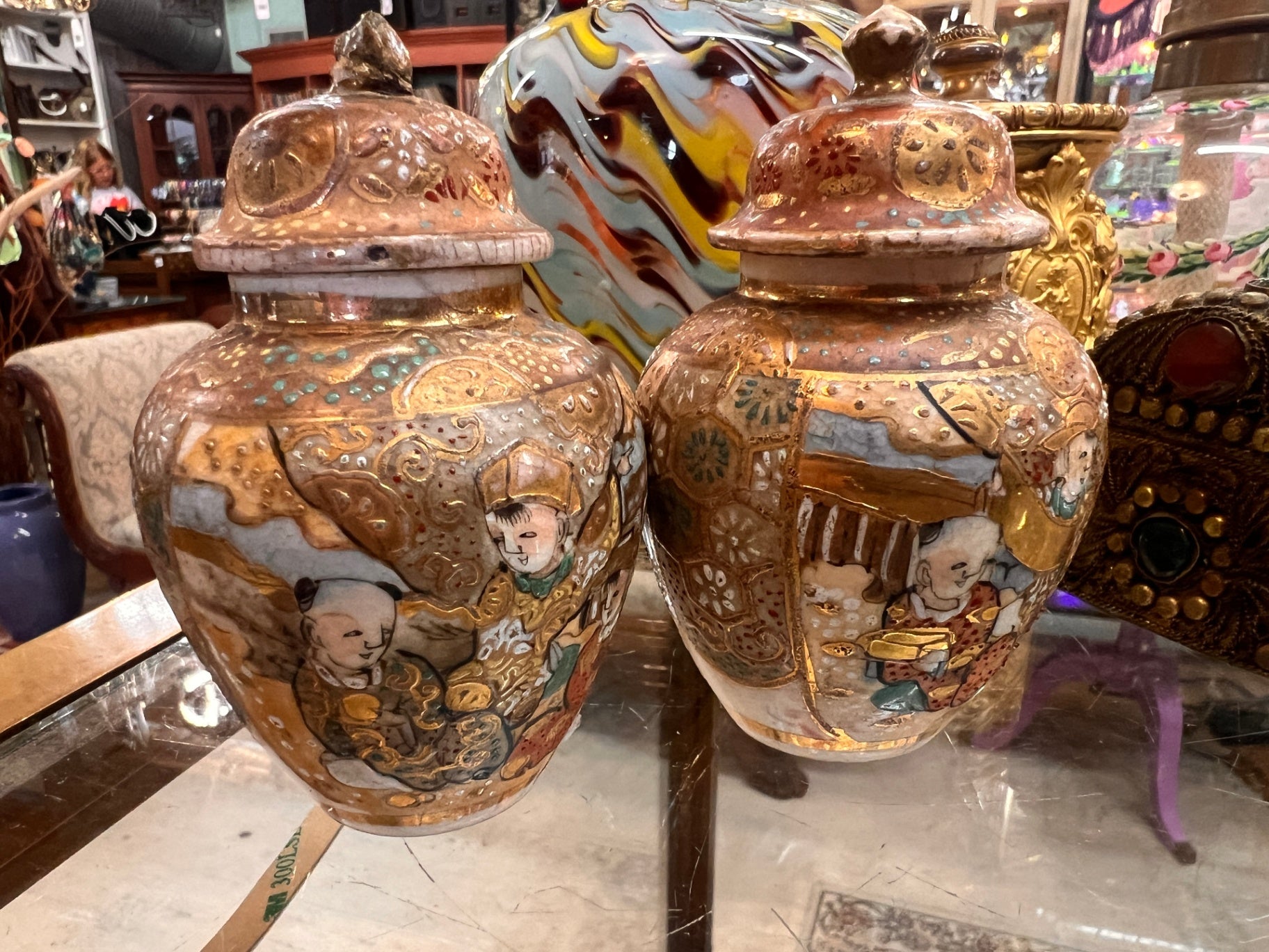 Pair of Vintage Japanese Satsuma Style Ginger Jars with Figural Decoration