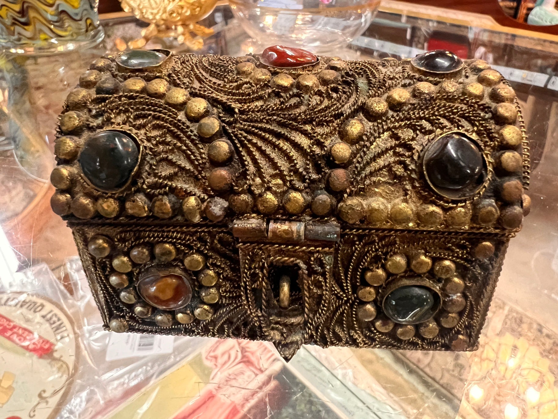 Vintage Jeweled Filigree Trinket Box / Casket Chest with Cabochon Stones