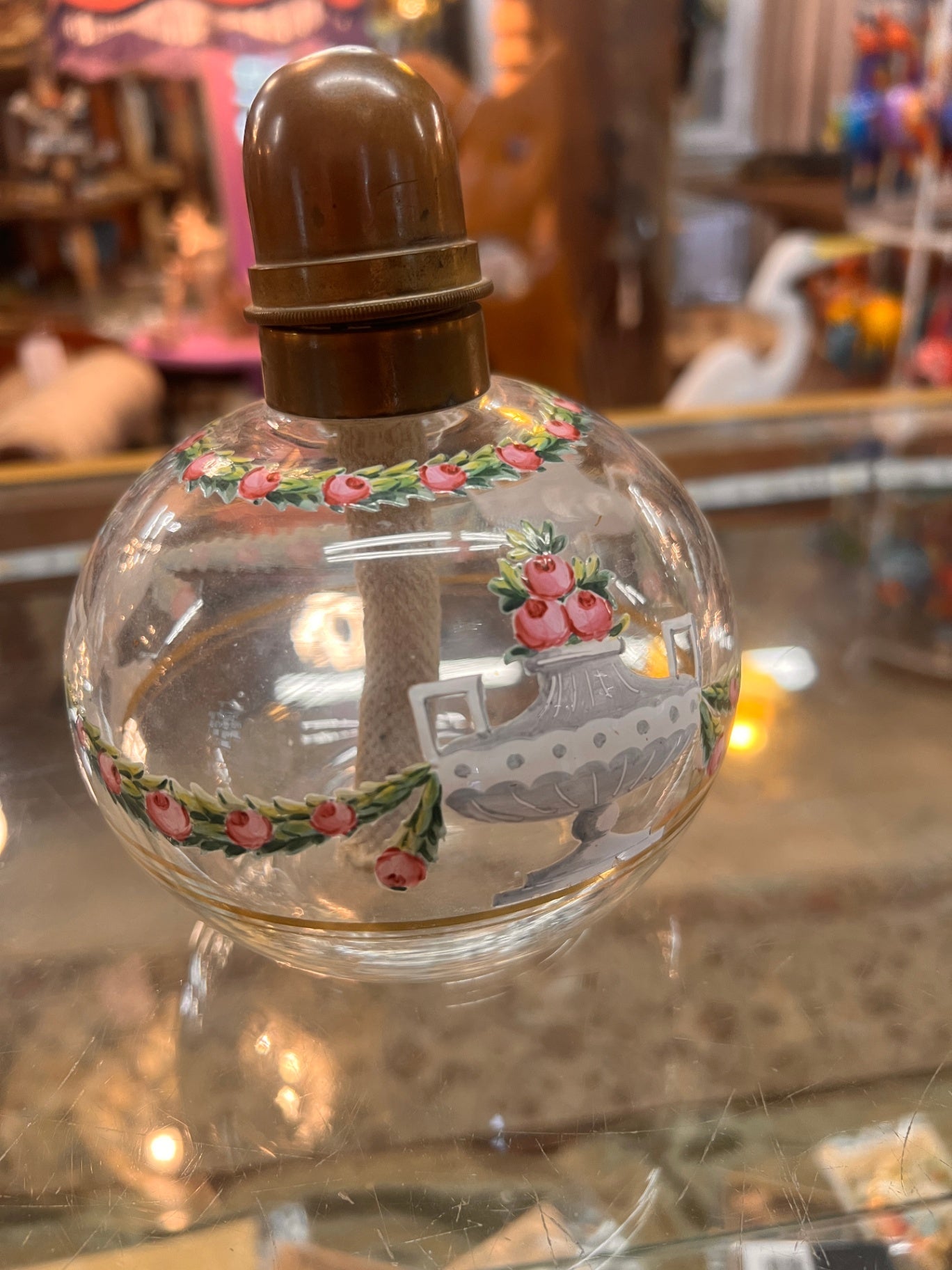 Vintage Hand-Painted Glass Oil Lamp / Perfume Lamp with Floral Garland Decoration