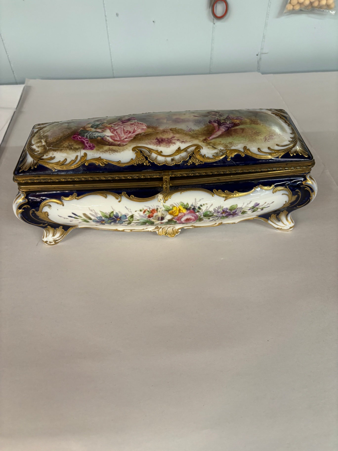 Antique French Limoges Style Hand-Painted Porcelain Jewelry Casket Trinket Box w/ Gilt Bronze Mounts
