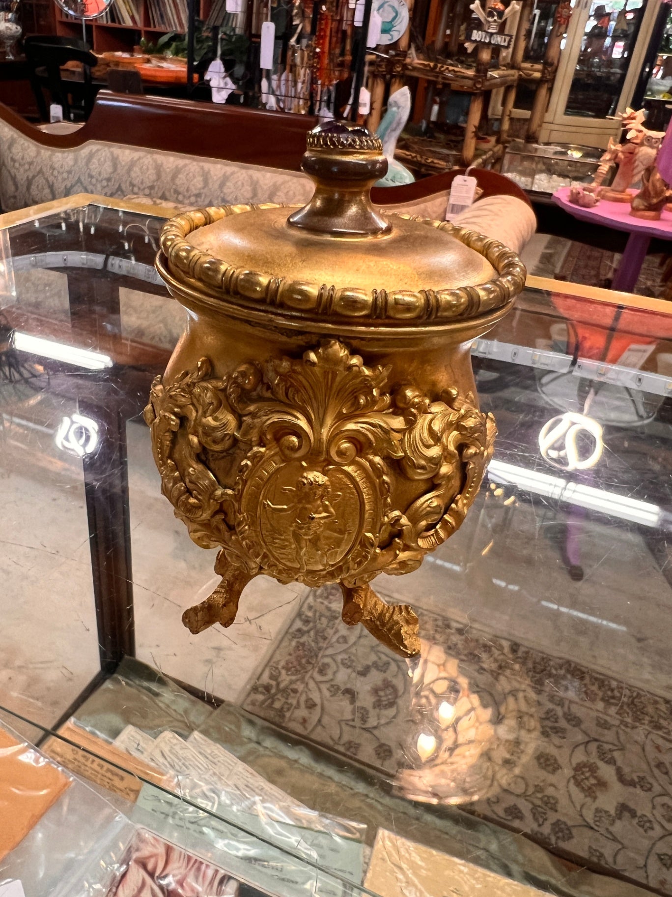 Vintage Rococo Revival Gilt Metal Covered Trinket Urn with Cherub Medallions