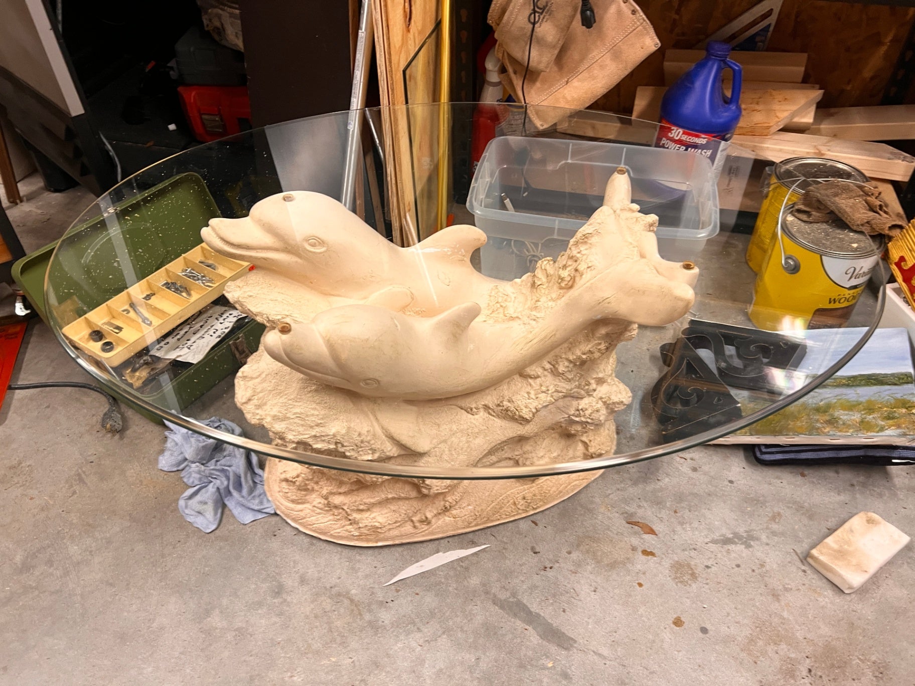 Vintage Coastal Dolphin Sculptural Glass Top Coffee Table
